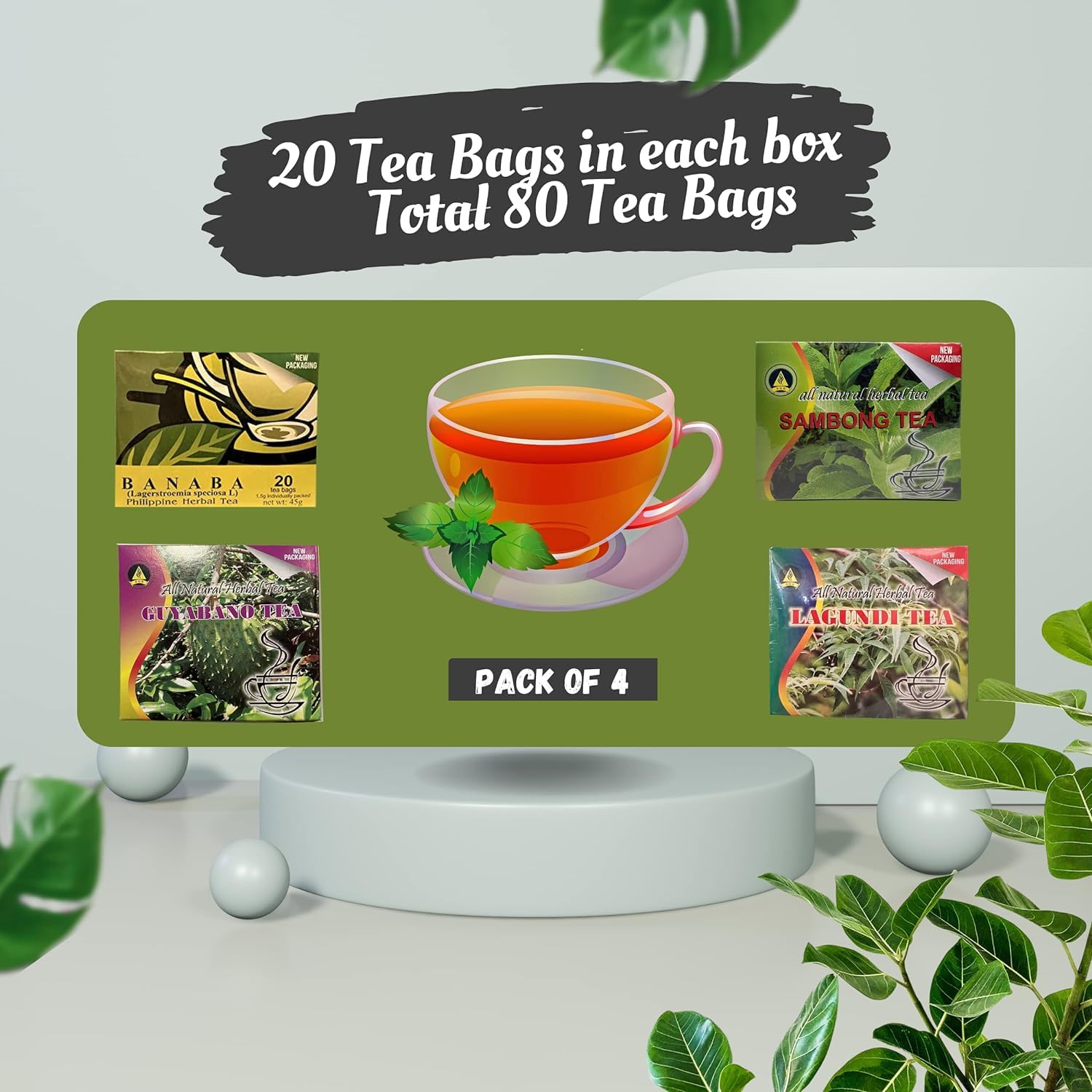 Pack of 4 Organic Philippine Teas - Lagundi Tea - Banaba Tea - Sambong Tea - Guyabano Tea - Total 4 Boxes - 20 Tea Bags in Each Box - Total 80 Tea Bags