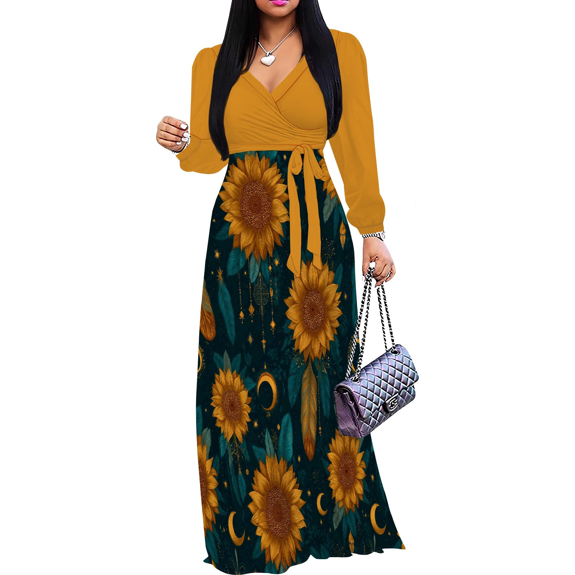 PinkPatty Women's Long Sleeve Maxi Dress Plus Size Trendy Wedding Guest Dress with Pockets&amp;Belt