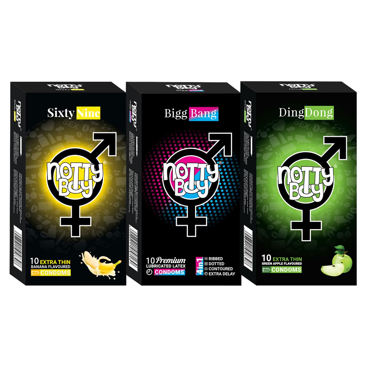 NOTTY BOY Multi Combo Pack - 30 Pieces | Extra Thin Green Apple and Banana Flavoured, 4IN1 (Ribbed, Dotted Contoured, Delay) | Scented Condom Safe For Oral | Multi Texture Condoms For Men-image-17