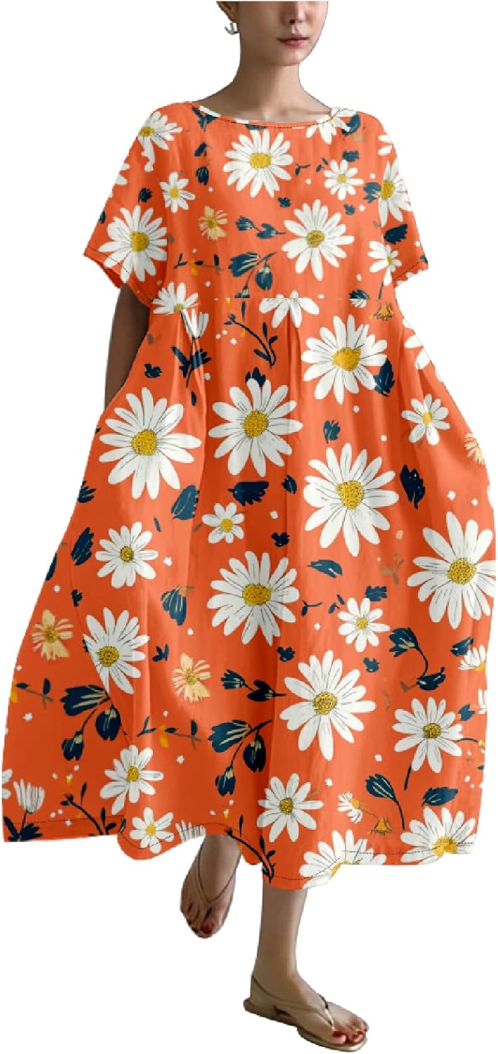 MARSVOVO Japanese Art Dress for Women 2024 Plus Size Vintage Floral Boho Style Loose Fit Linen Blend Flower Dresses