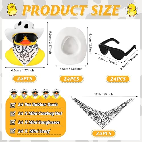 Miniatura 10 de Juego de 24 patos de goma para fiesta de baño, patos amarillos, juguete para bañera de patos pequeños con sombrero de vaquero, pañuelos de