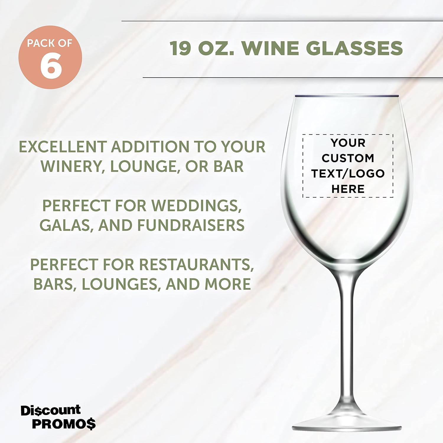 Custom Wine Glasses 19 oz. Set of 6, Personalized Bulk Pack - Restaurant Glassware, Perfect for Red Wine, White Wine, Cocktails and More - Clear
