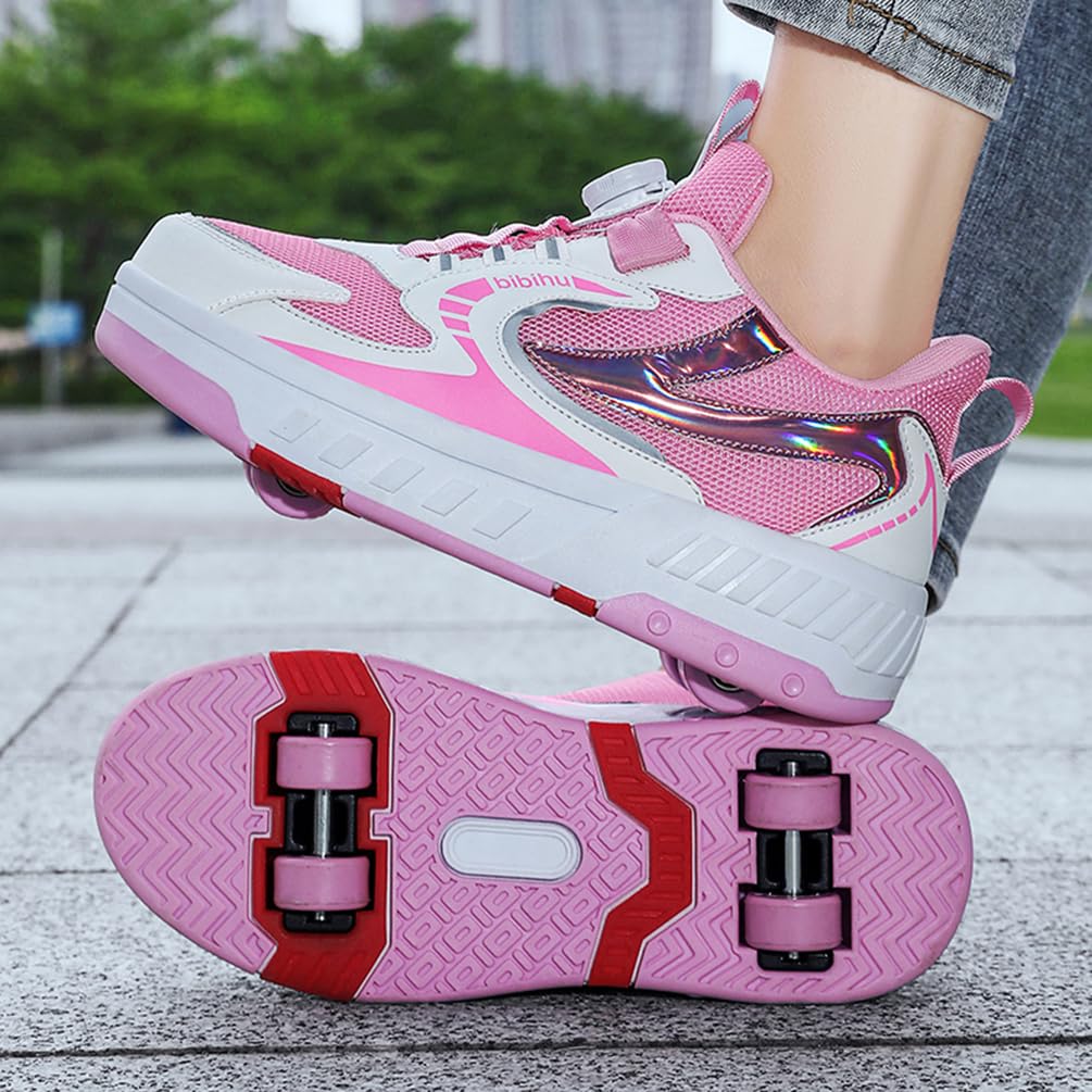 Chaussures à roulettes Fille Et Garçon Patins de Skate à roulettes Sneakers Roller 2 en 1 Chaussures de Skateboard Baskets avec Roues Outdoor Patins à roulettes Enfants (BZX-T24, 37EU)