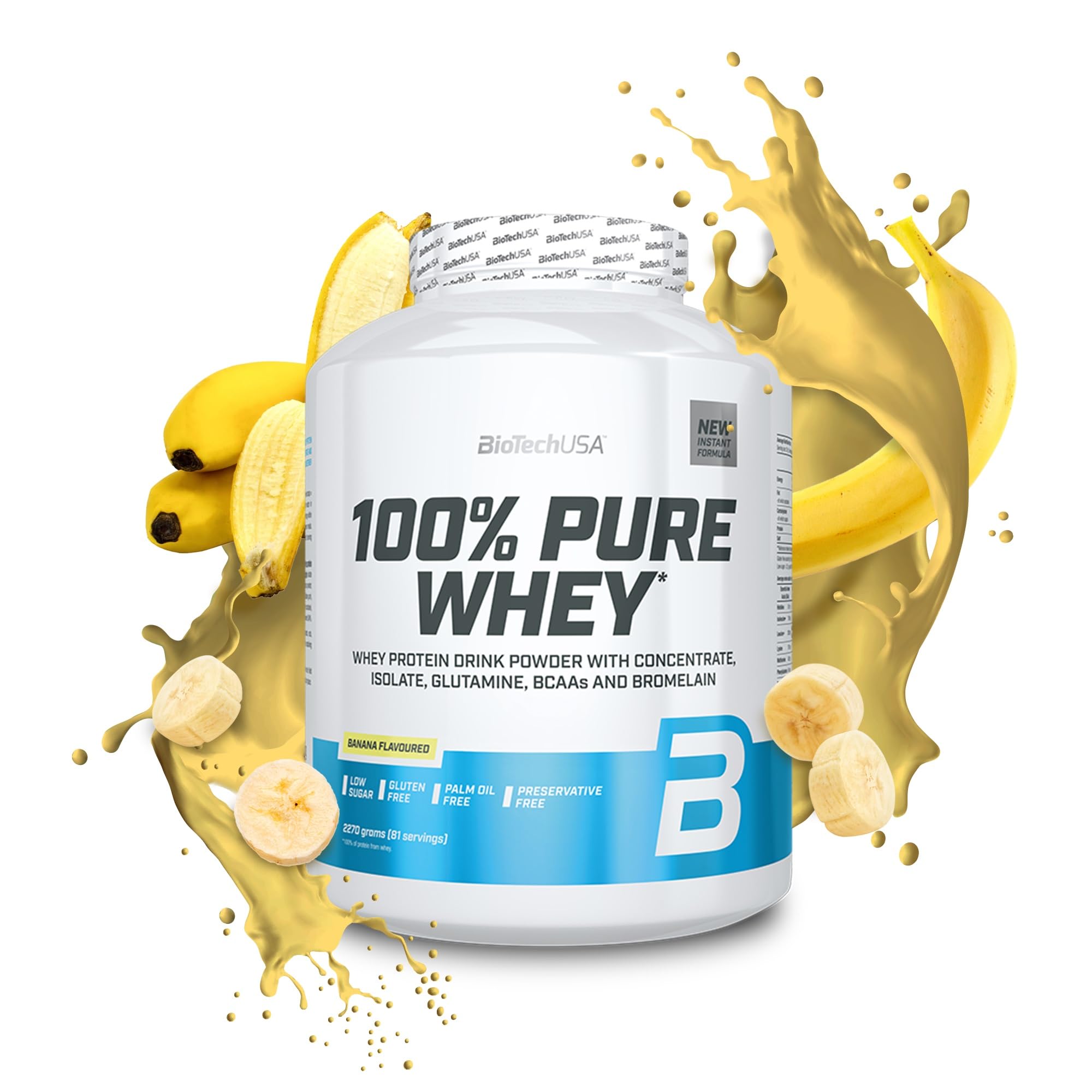 BioTechUSA100% Pure Whey | Protein Powder with BCAA and Glutamine | Gluten-Free, Palm Oil Free | 21g Protein per Serving, 2.27 kg, Banana