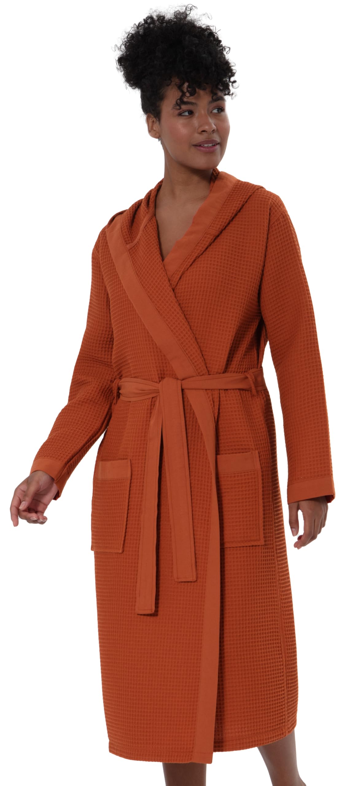 SEYANTE Women's Organic Cotton Waffle Kimono, Hooded Robe – GOTS Certified Lightweight Full-Length Spa Bathrobe with Piping