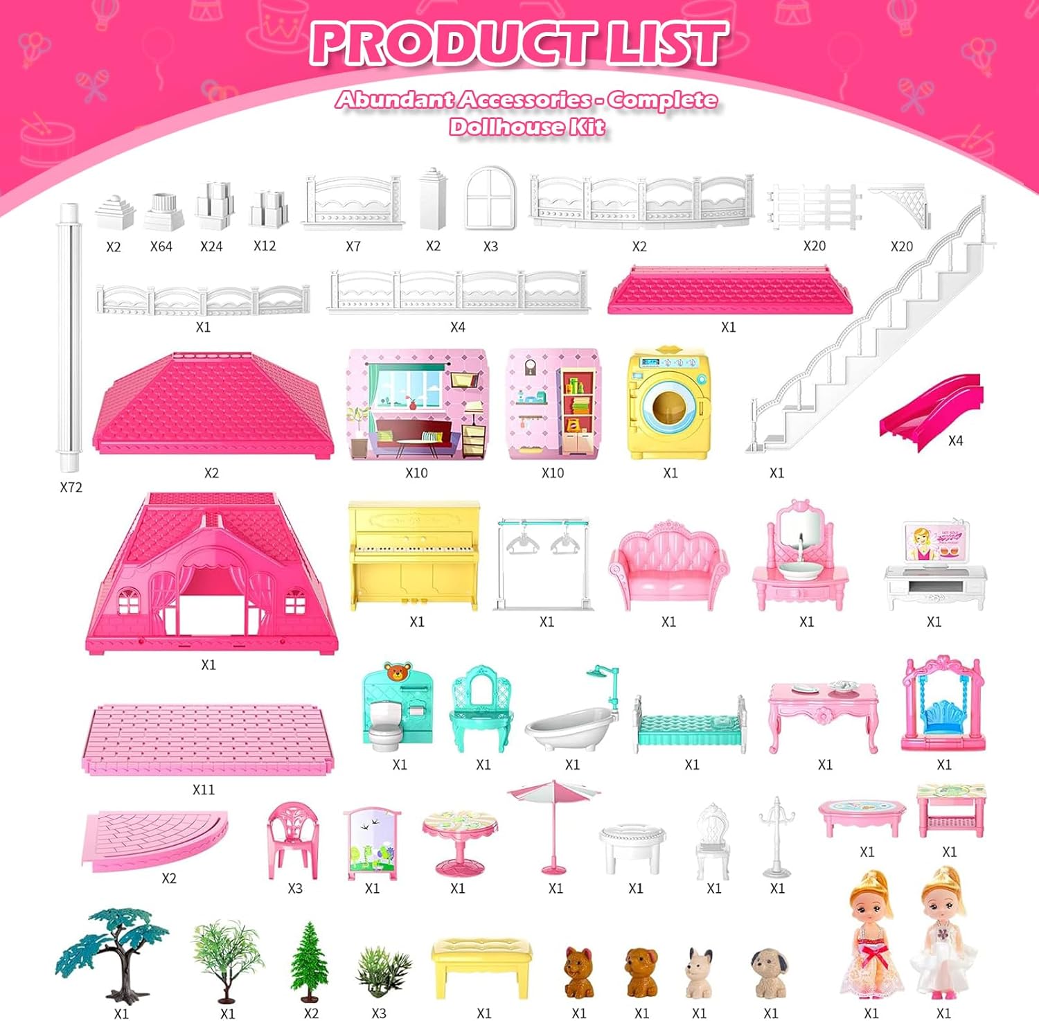 Doloowee DIY Dolls House for Girls - 4-Level 10-Room Villa with 2 Dolls, 4 Dogs & Rich Accessories, DollsHouse Toys for Kids 4-8 Years Old