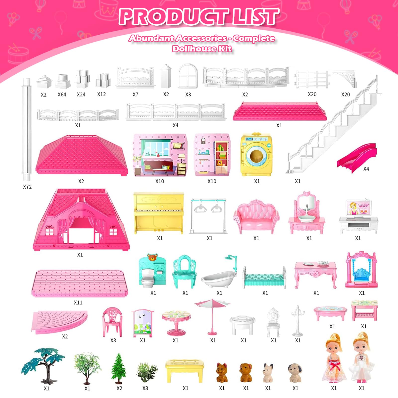 DIY Dolls House for Girls - 4-Level 10-Room Villa with 2 Dolls, 4 Dogs & Rich Accessories, DollsHouse Toys for Kids 4-8 Years Old