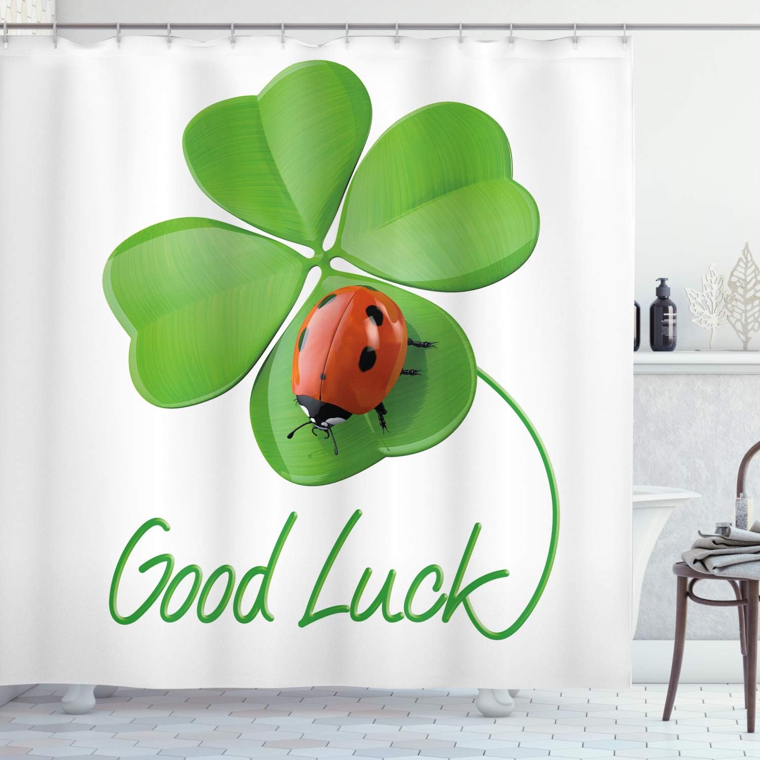 Ambesonne Going Away Party Shower Curtain, Lucky 4 Leaf Clover with Ladybug Irish Charm Luck, Cloth Fabric Bathroom Decor Set with Hooks, 69" W x 70" L, Green Red Black