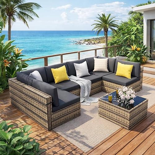 Pamapic 7 Piece Outdoor Sectional Sofa Set, All-Weather Patio Furniture with Washable Cushions, Waterproof Gray Rattan Wicker Conversation Set for Backyard, Poolside, Garden (Black Cushions)