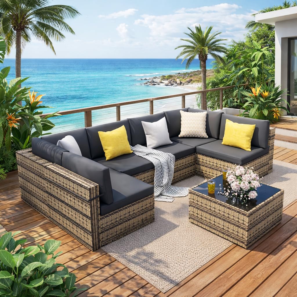 Pamapic 7 Piece Outdoor Sectional Sofa Set, All-Weather Patio Furniture with Washable Cushions, Waterproof Gray Rattan Wicker Conversation Set for