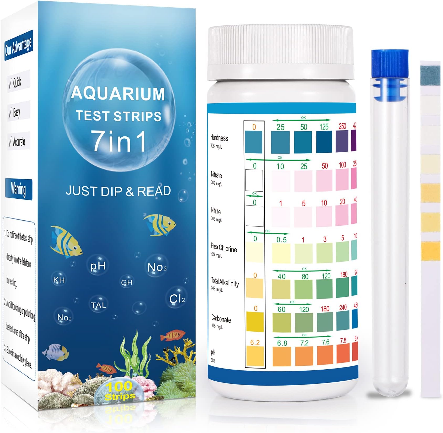 FJHTY 7 in 1 Aquarium Teststreifen,100 Stück Aquarium Wassertest für
