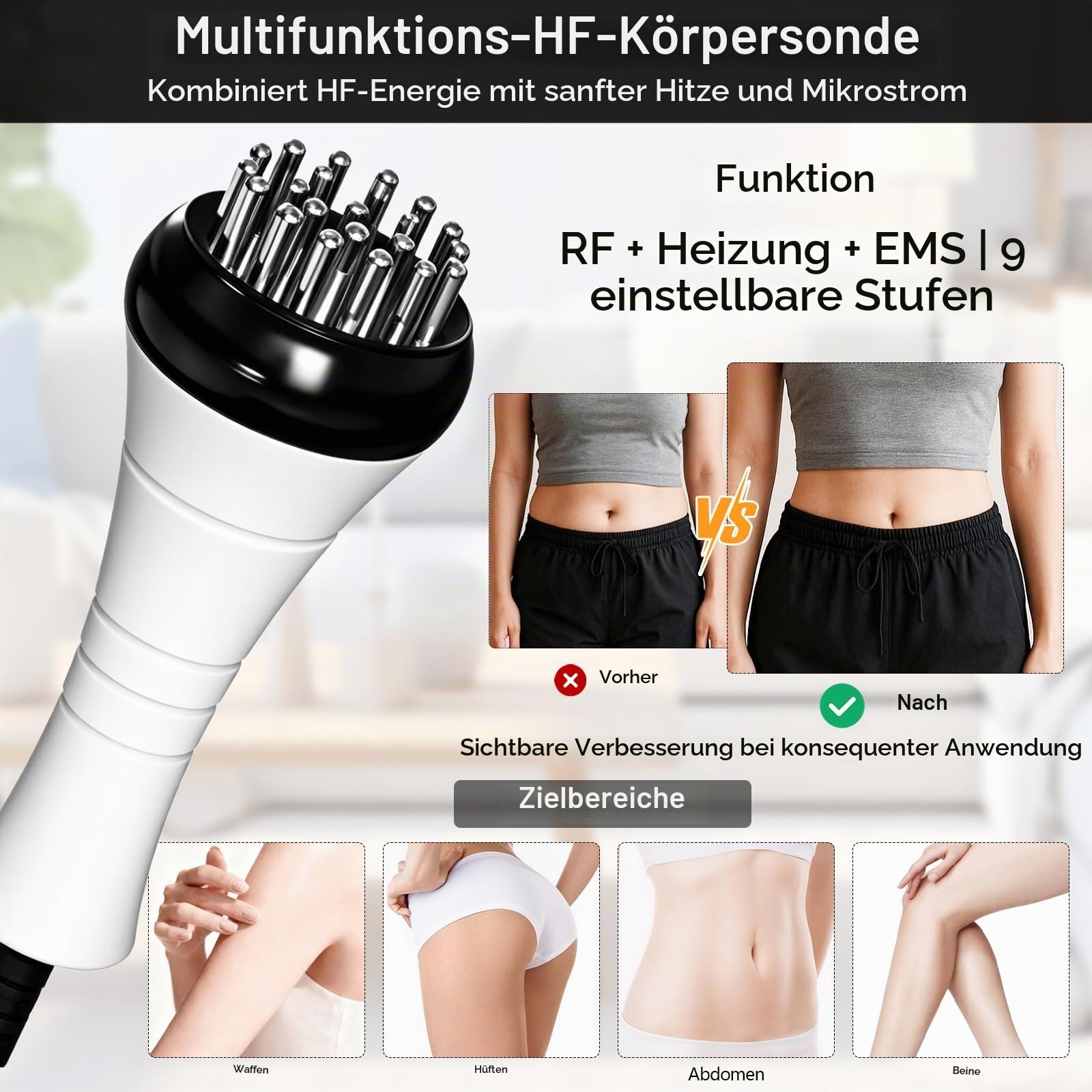 3-in-1 Radiofrequenz-Gerät für Gesicht und Körper, Kavitation 40 kHz, RF, EMS, Rotlicht & Wärmefunktion,9 Intensitätsstufen,zur Hautstraffung und Körperformung