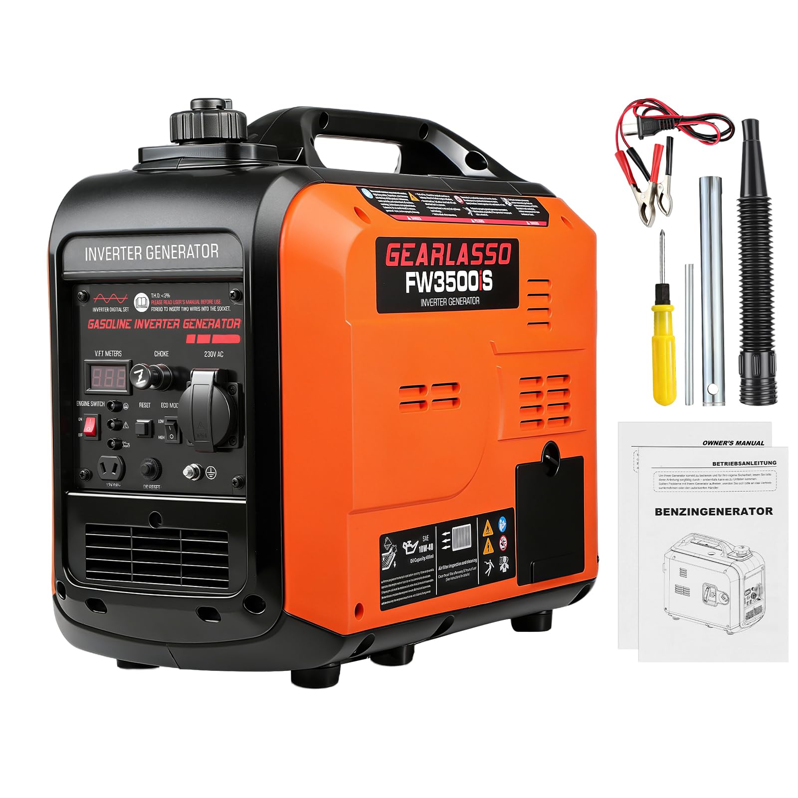 Generatore di corrente inverter, 3300 W, generatore di corrente a benzina, super silenzioso, generatore a 4 tempi con USB e avviamento elettrico da 230 V, per campeggio, viaggi, casa o