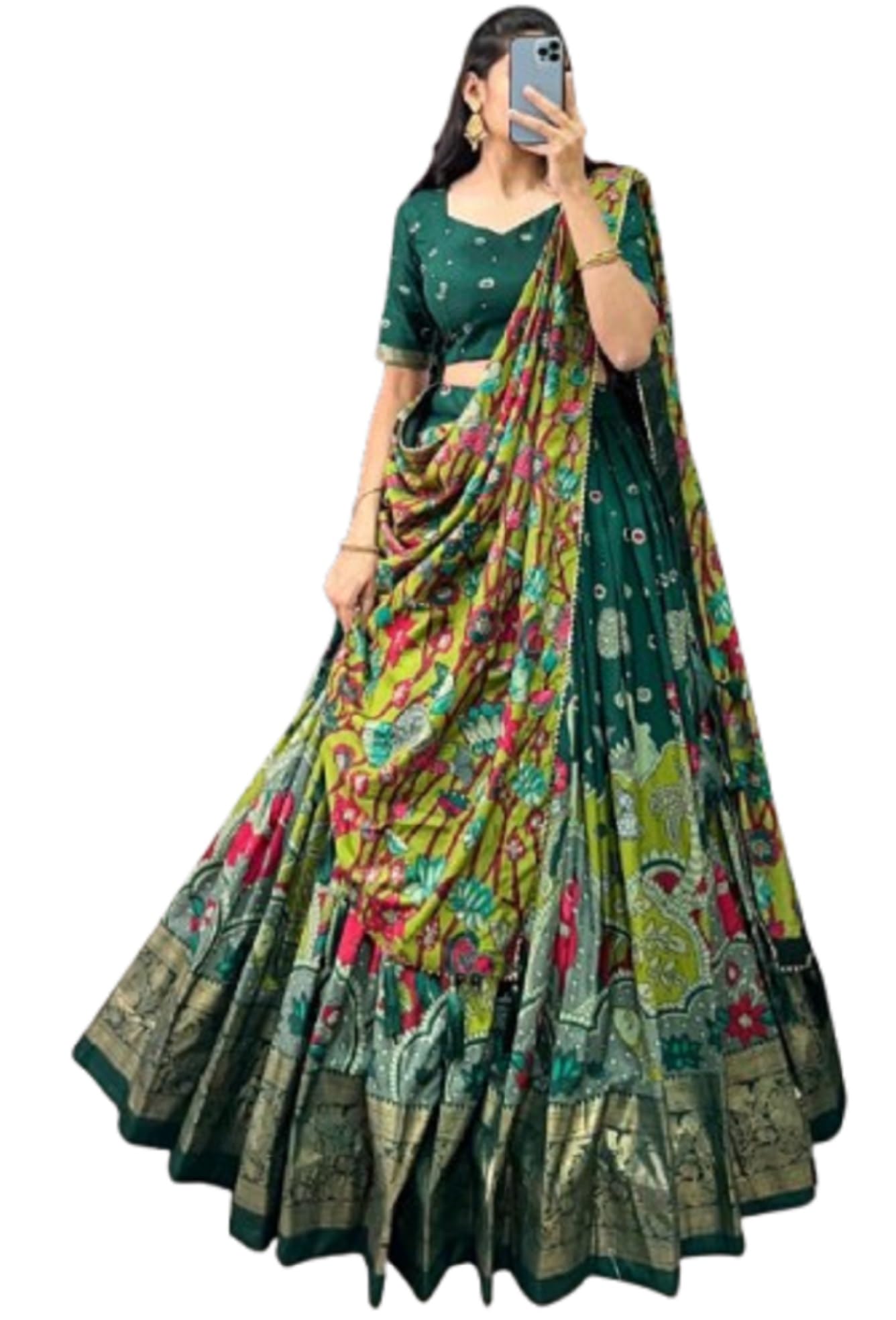 vs fashion Ready To Wear Lehenga Saree Set For Women Bollywood Style Tussar Silk Fabric Saree With Patola Print With foil Print Work Green Colour-picture-25