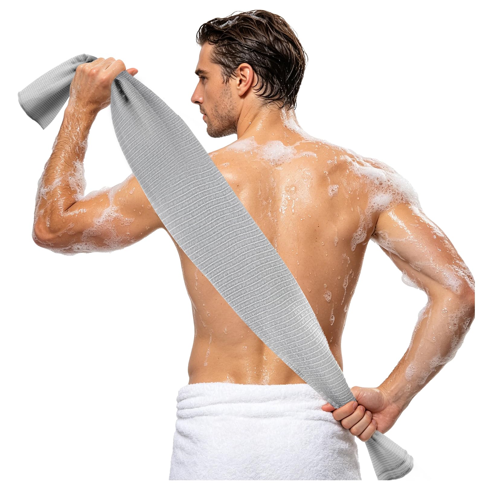 Extra Long Exfoliating Washcloth, Japanese Shower Towel, Gray (Intensive)