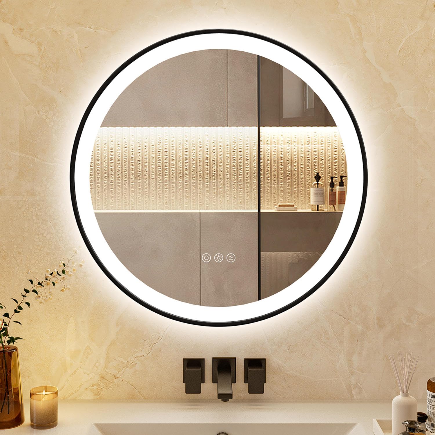 Miroir Salle De Bain Rond LED ChillCruiser 80cm - Anti-buée, 3 Températures De Couleur, Cadre Noir - Alimentation Filaire