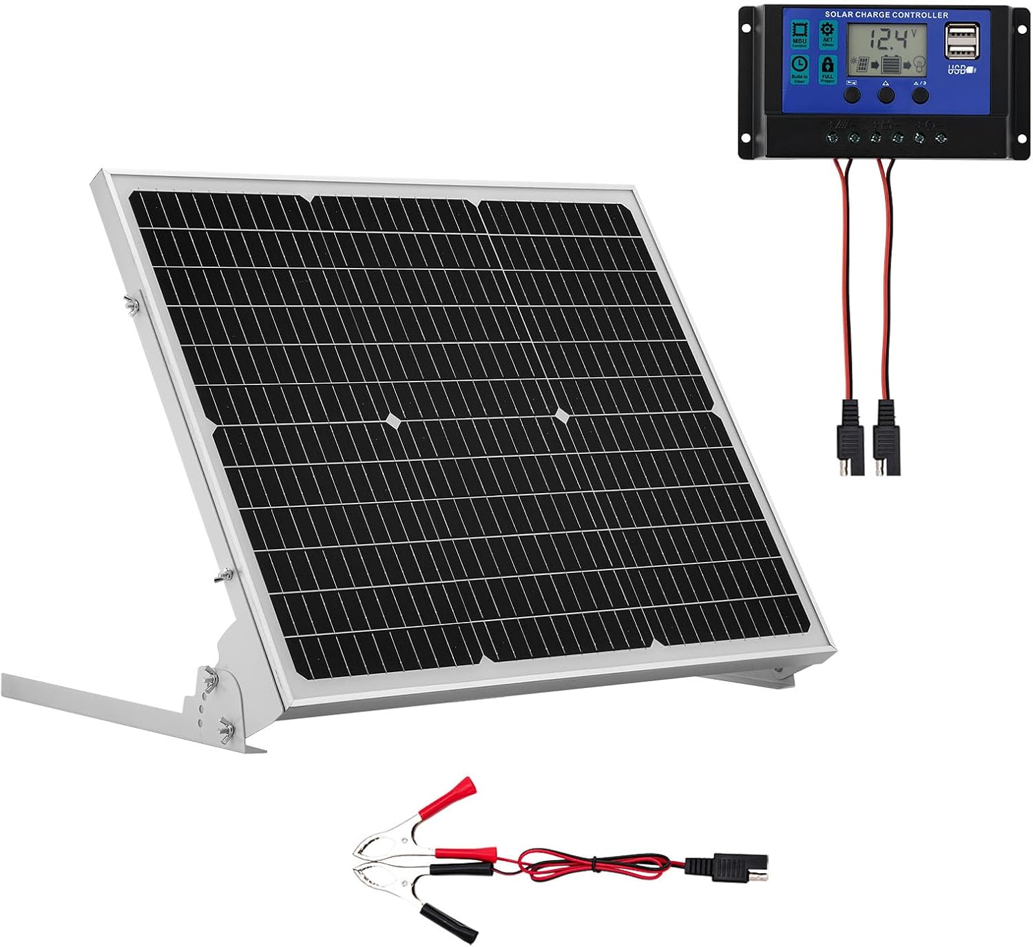 VEVOR Cargador de batería solar de 50 W y 12 V, cargador de batería de panel solar mono con controlador MPPT mejorado y soporte de montaje