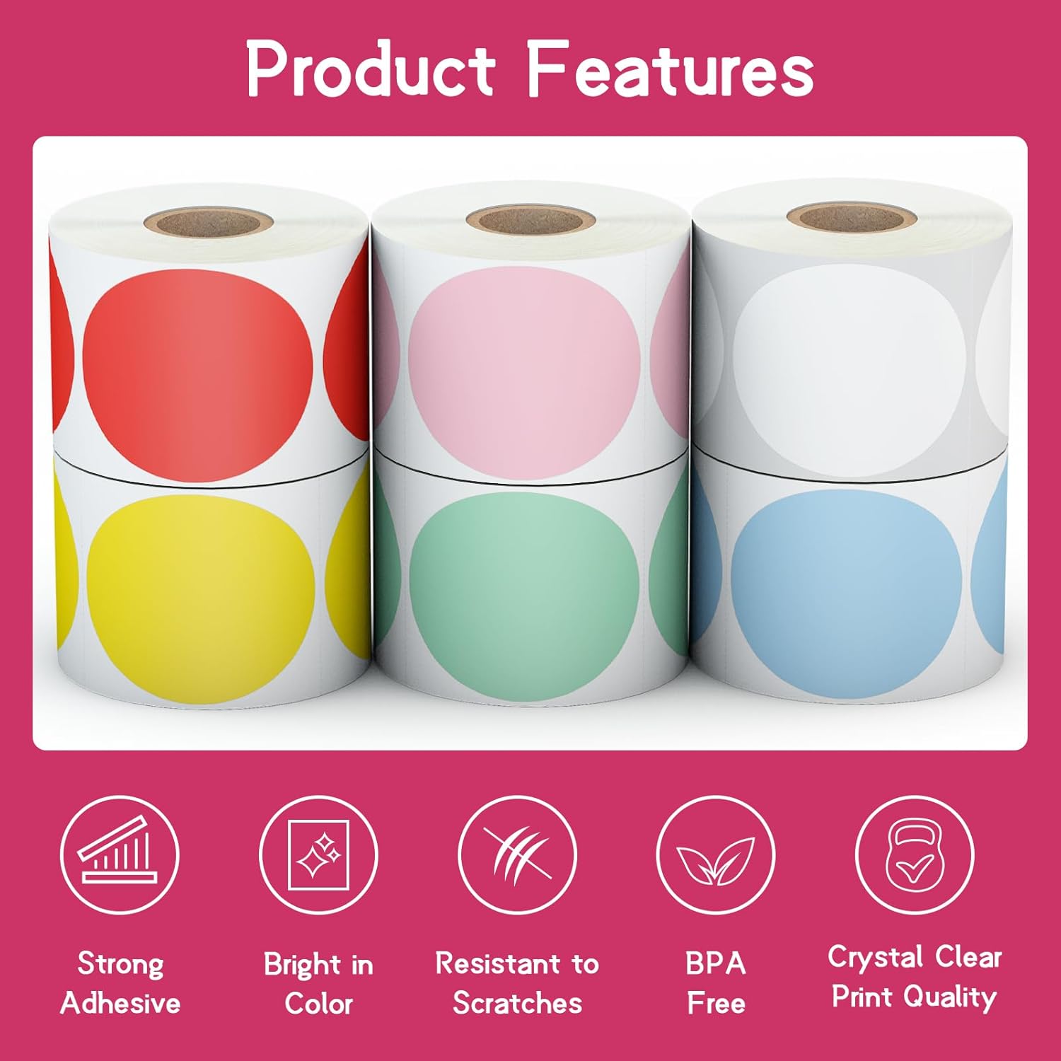 6 Rolls 2 Inch 6-Color Assorted Circle Direct Thermal Stickers Labels, Self-Adhesive Round Direct Thermal Labels for Business, DIY, Code, Name Tag, Envelope Seal - 4500 Labels - Image 4