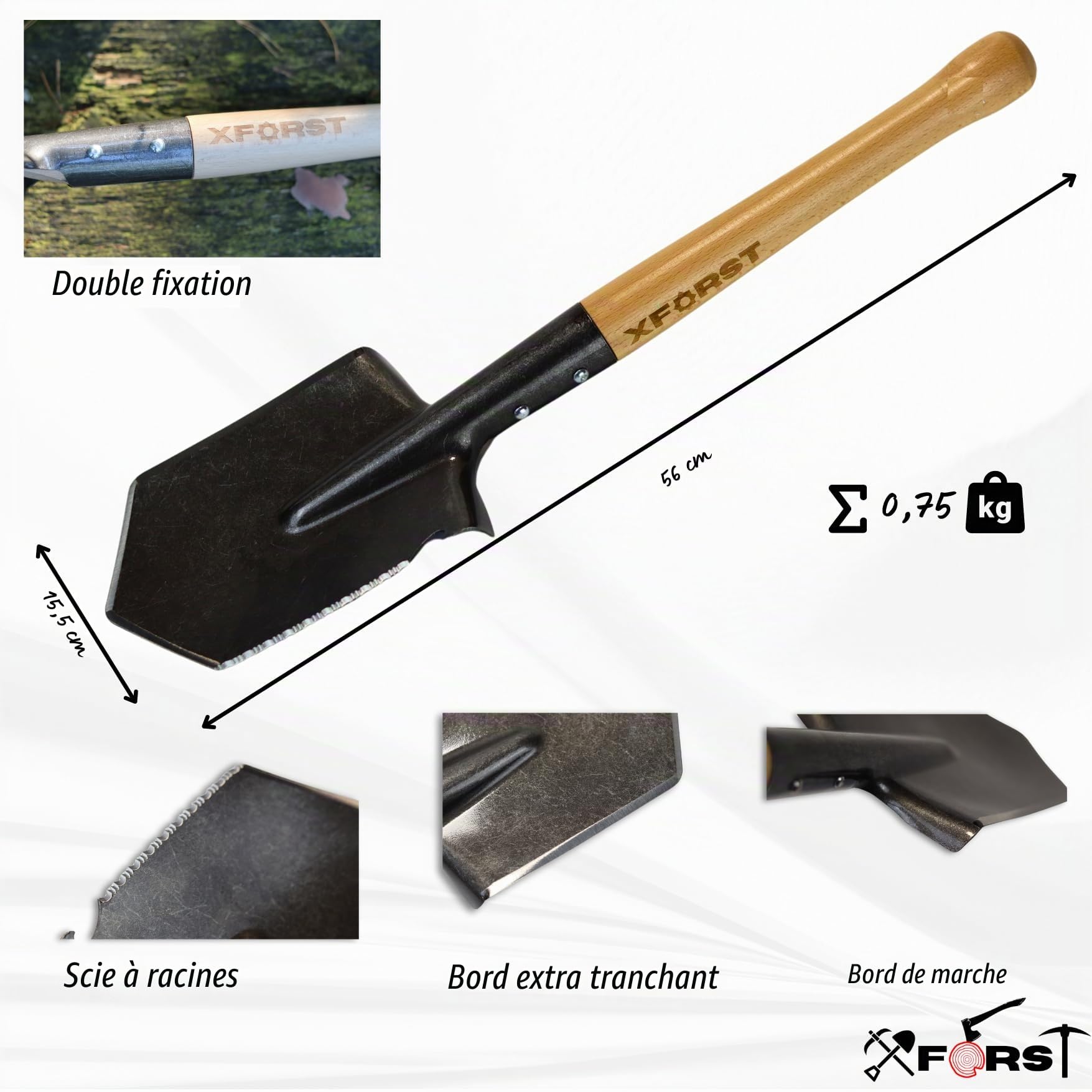 Xforst FS1 Pelle bêche de survivalisme Camping avec Manche en Bois et Housse – avec Lame en Acier Tranchante et Poignée en Bois Ergonomique, Idéale pour Le Jardin, Le Camping et la Survie