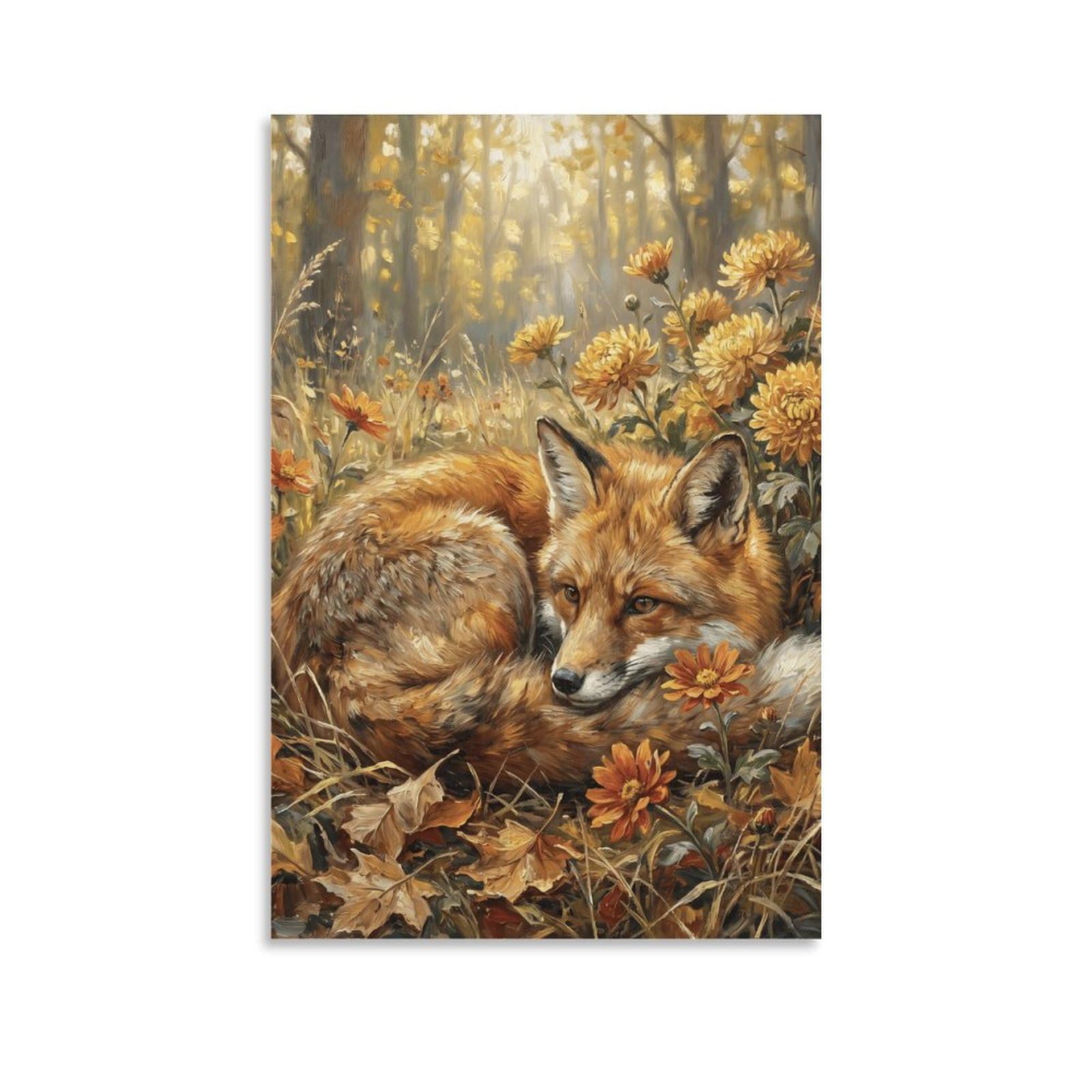 W7C8U2X3 Autumn Fox Flower Field Canvas Wall Art, Woodland Animal Wall Art