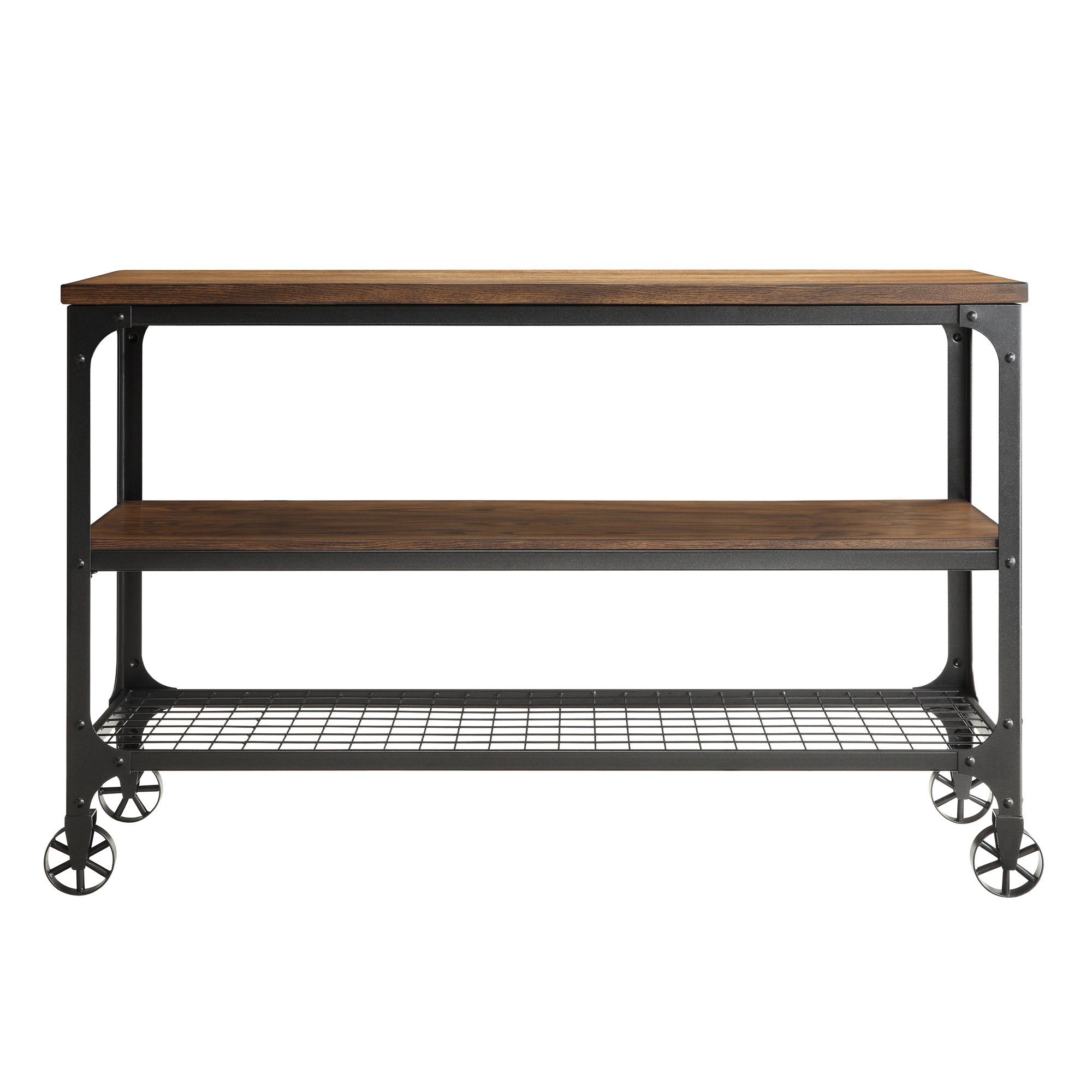 ModHaus Living Modern Industrial Rustic Riveted Black Metal & Wood TV Stand with Decorative