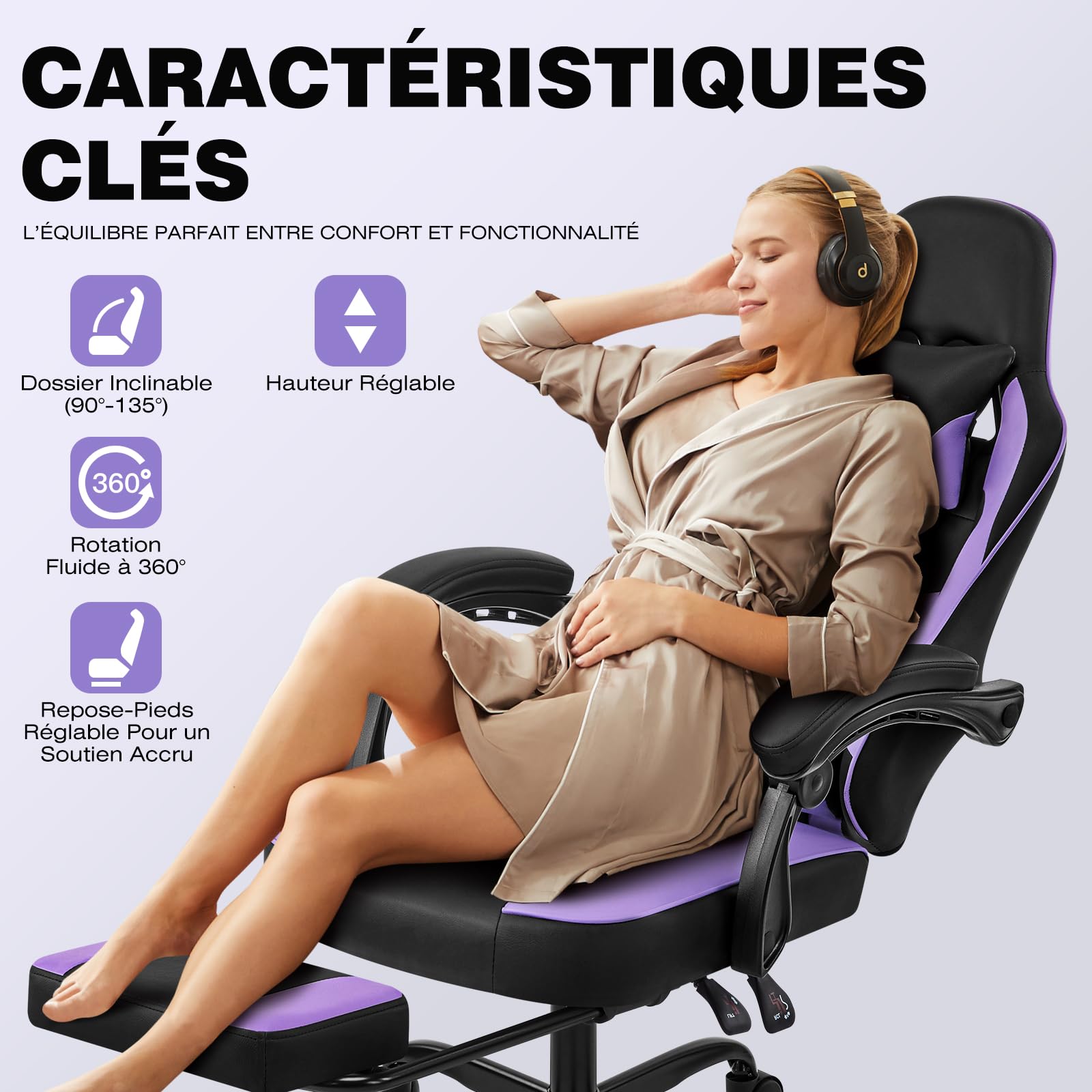 Hellove Chaise Gaming avec Repose-Pieds, Fauteuil de Jeu avec Appui-tête Ergonomique, Soutien Lombaire Réglable, Accoudoirs Synchronisés, Chaise de Bureau pour Gamer et Travail, Cuir PU Gris