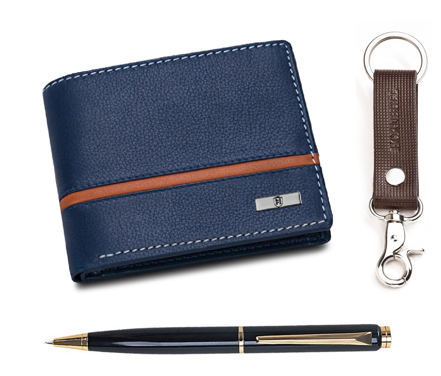 HORNBULL Denial Navy Mens Leather Purse Combo Gift Set | Leather Wallet, Key Ring & Pen Combo Valentine Gift Hamper | Branded Mens Wallet