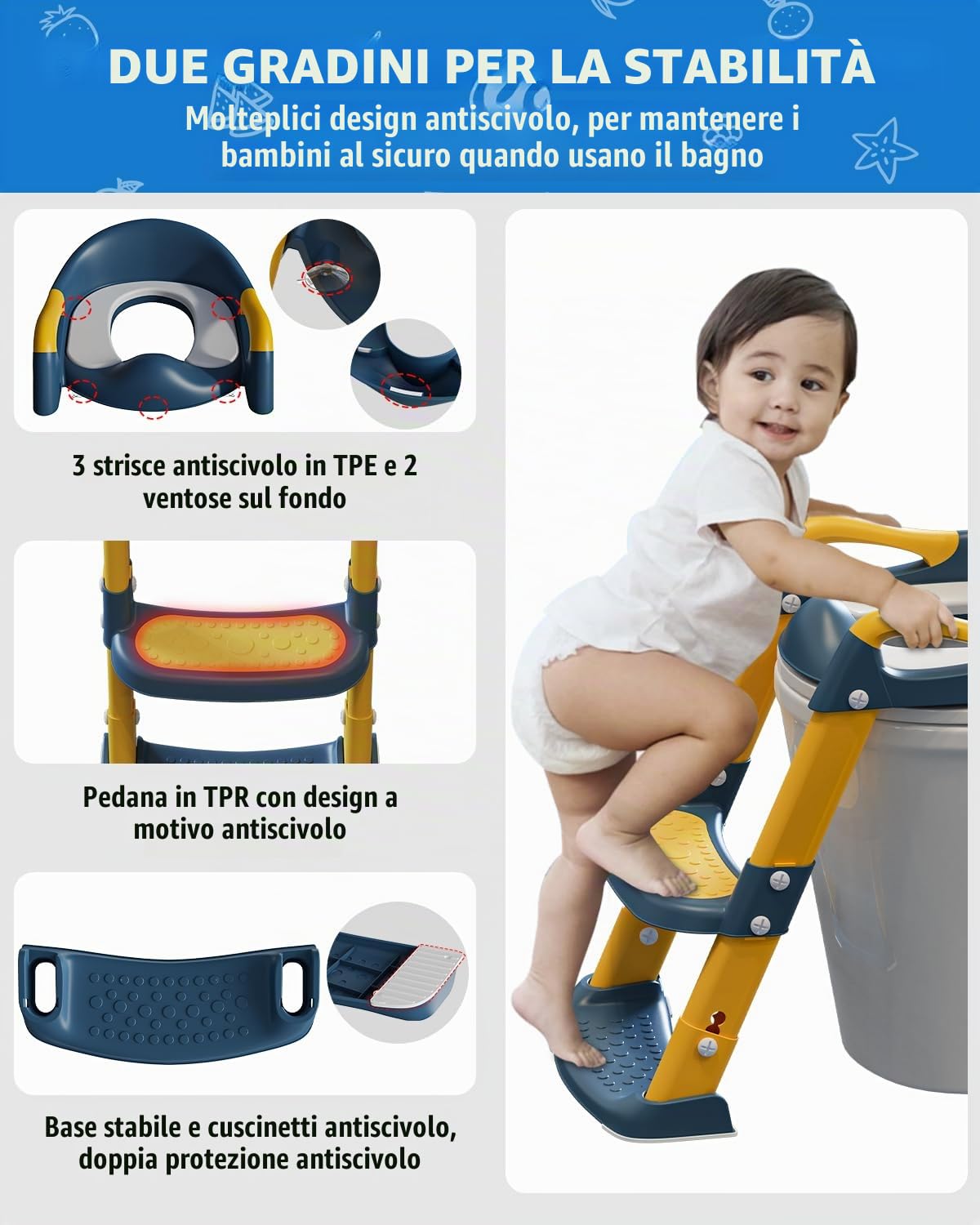 Xespis Riduttore WC Bambini, Riduttore con Scaletta Water Bambini, Riduttore WC per Bambini, con Cuscino, Regolabile e Pieghevole, Antiscivolo Sedile(Blu, Giallo) | 2 in 1 per bambini e bambine, pedana antiscivolo, regolabile in altezza, paraspruzzi, pieg