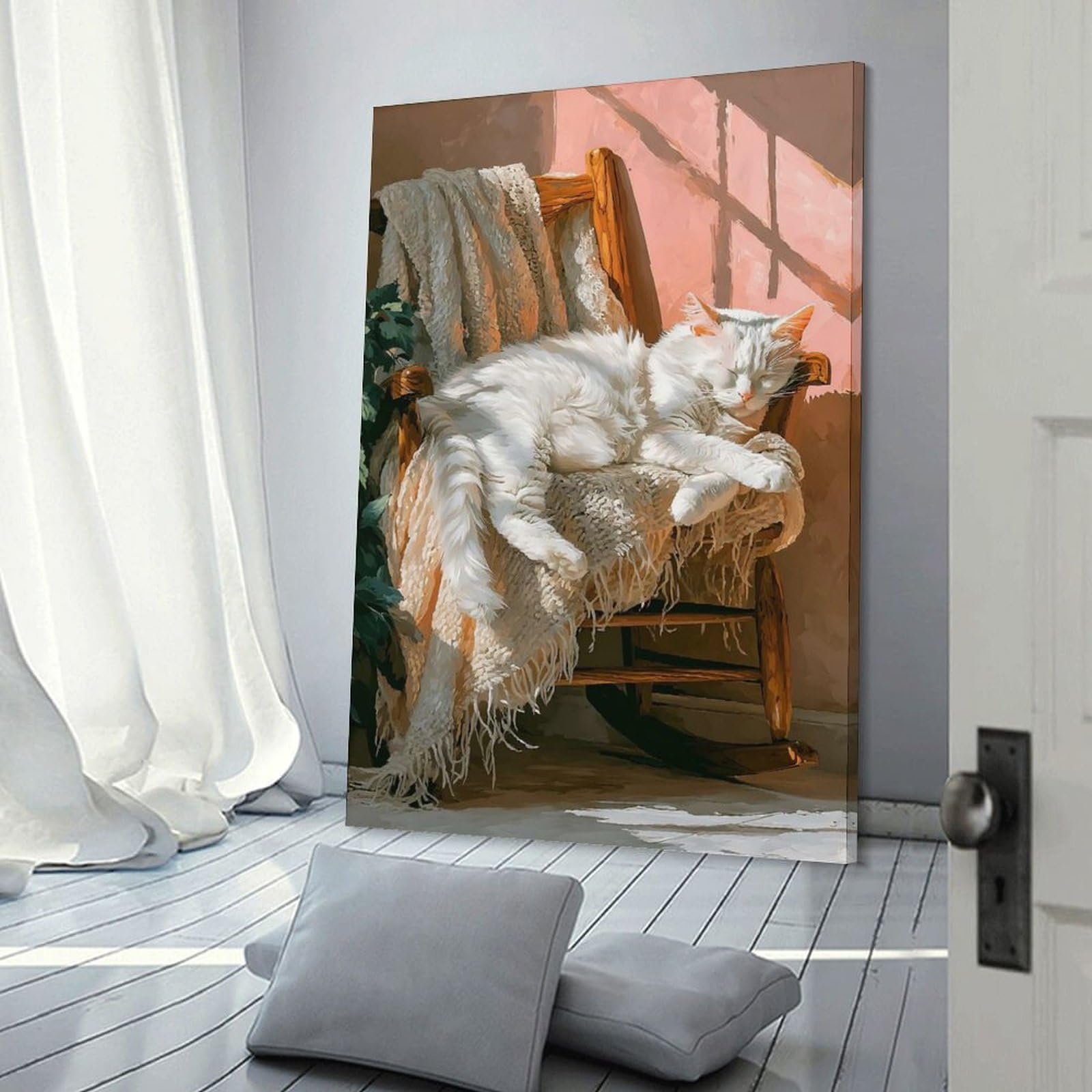 Junmoney Frame-Style-12 White Cat Sleeping On A Rocking Chair Hanging Wall Art, 24X36inch(60X90cm), For Bedroom Decor, Cosy Corners Or Studios, An Easy Wall Refresh For Bedrooms