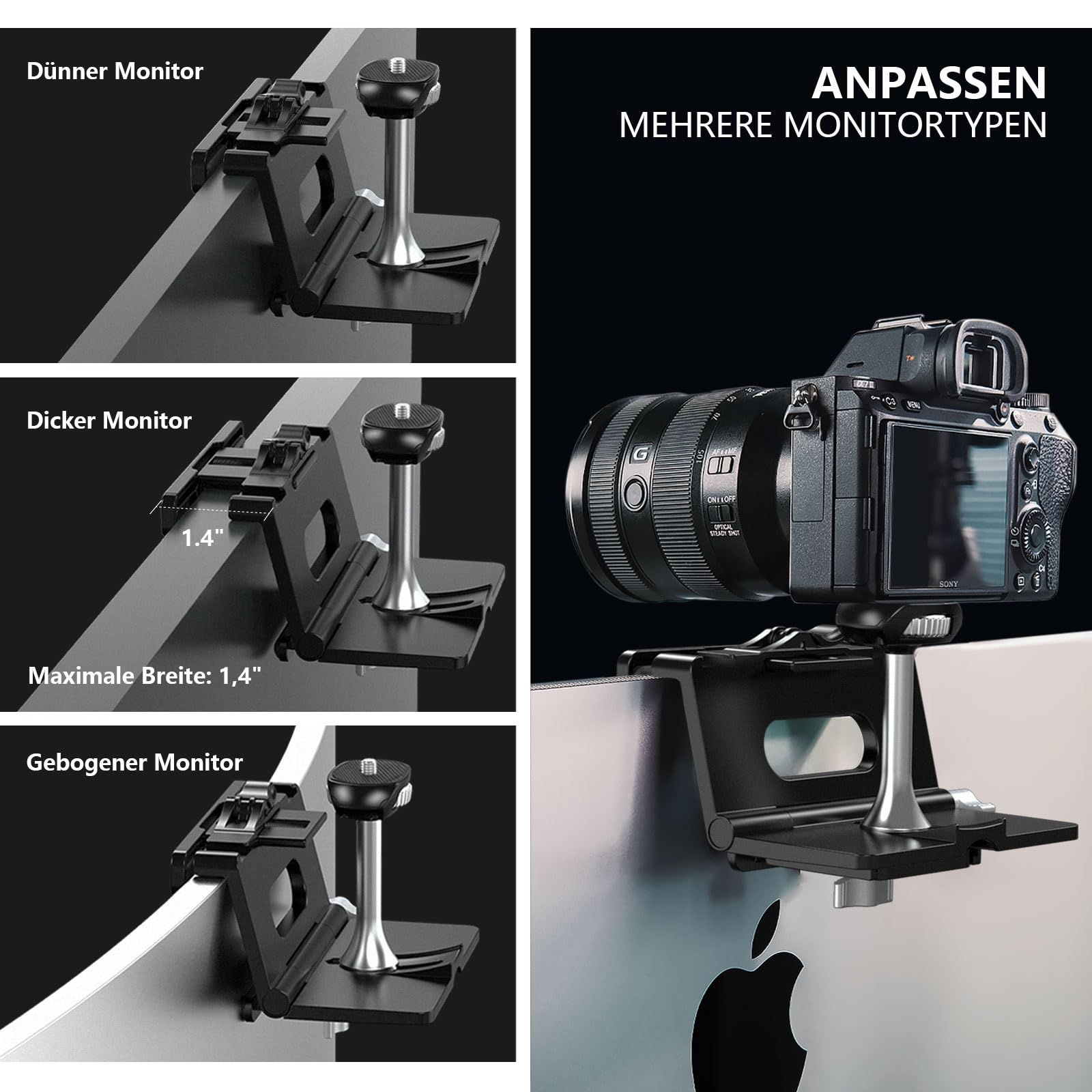 RAUBAY Monitor-Kamera-Halterungsständer, hängende Webcam-Klemme mit 1/4-Zoll-Schraube, MILC-Monitor-Oberseite für Live-Stream. Kompatibel mit gebogenen Monitoren, maximale Breite bis zu 3,5 cm