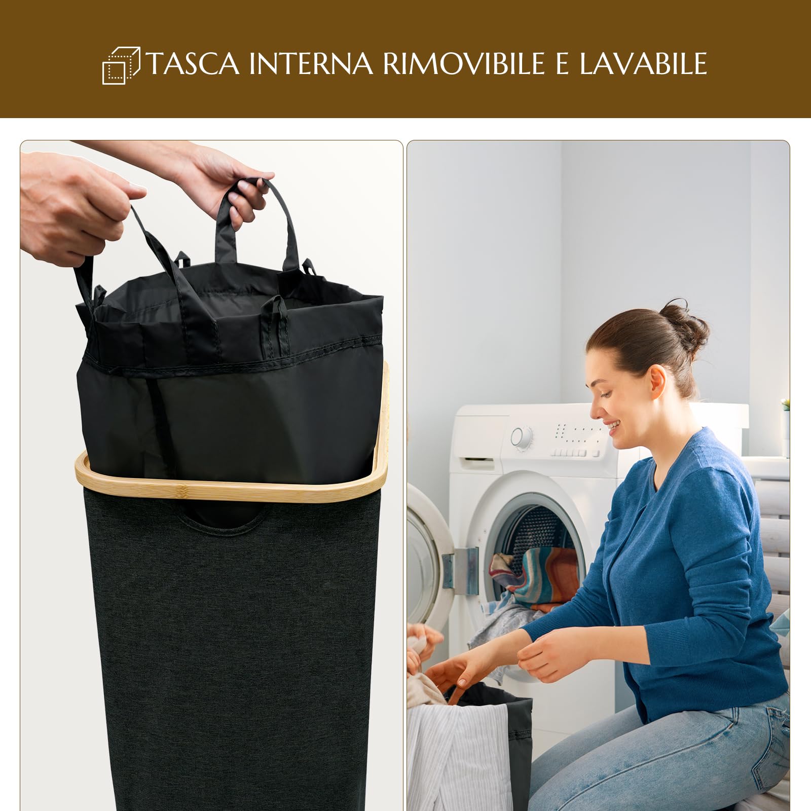 Cesto Portabiancheria con Coperchio, 140L Portabiancheria Sporca con 2 Sacco per la Biancheria Rimovibile, Cesto Biancheria Sporca, cesta portabiancheria &Pieghevole con Manici in Bambù-Nero
