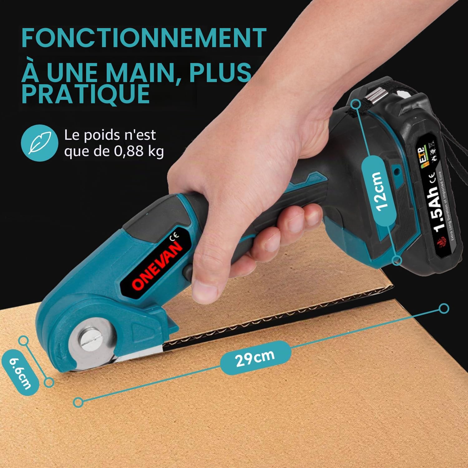 ONEVAN Ciseaux électrique tissu couture sans fil professionnel 300W - Coupe-tissu industriel haute performance - Découpe précise cuir, tapis, textile (2 batteries lithium + chargeur)