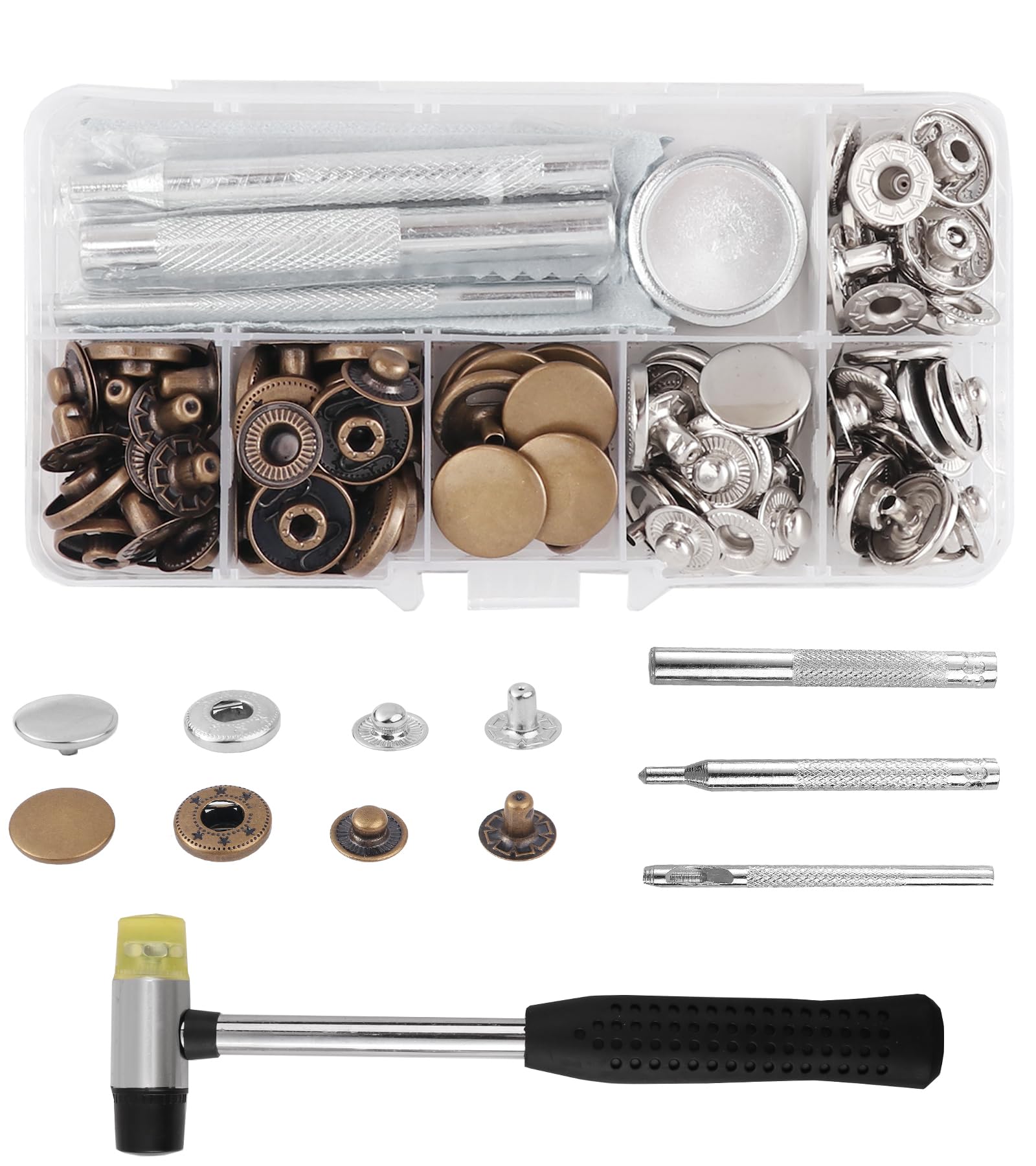 BOBOZAN Press Studs Snaps Fasteners 12.5mm x30 Sets-Metal Popper Fasteners No Sew -2-Color Press Studs with Tool Kits and Hammer for Leather, Clothes, Purse, Jeans Wears, Bags-Rust-Proof and Durable