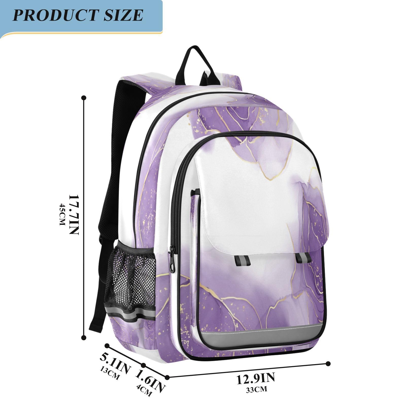 Zaino per computer portatile per bambini con glitter dorato viola marmo scuola media casual zaino quotidiano borsa per laptop da viaggio, B537