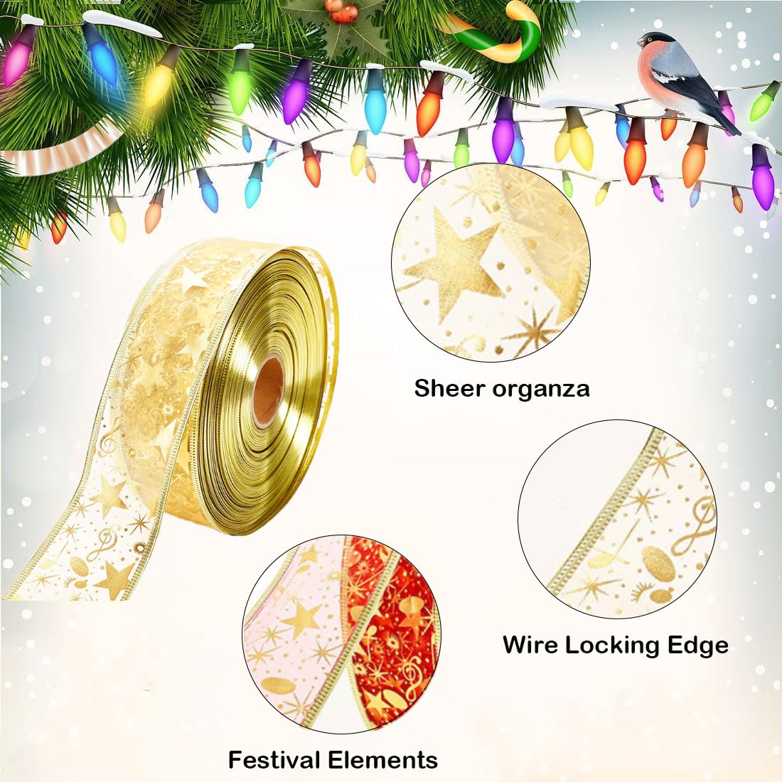 50 Yards Organzaband mit Draht Weihnachtsband 6.3CM Gold Schleifenband Geschenkband mit Sternen Musiknoten Organza Drahtband Glitzerband Weihnachtsbaum Dekoband für Party Hochzeit Kränze DIY