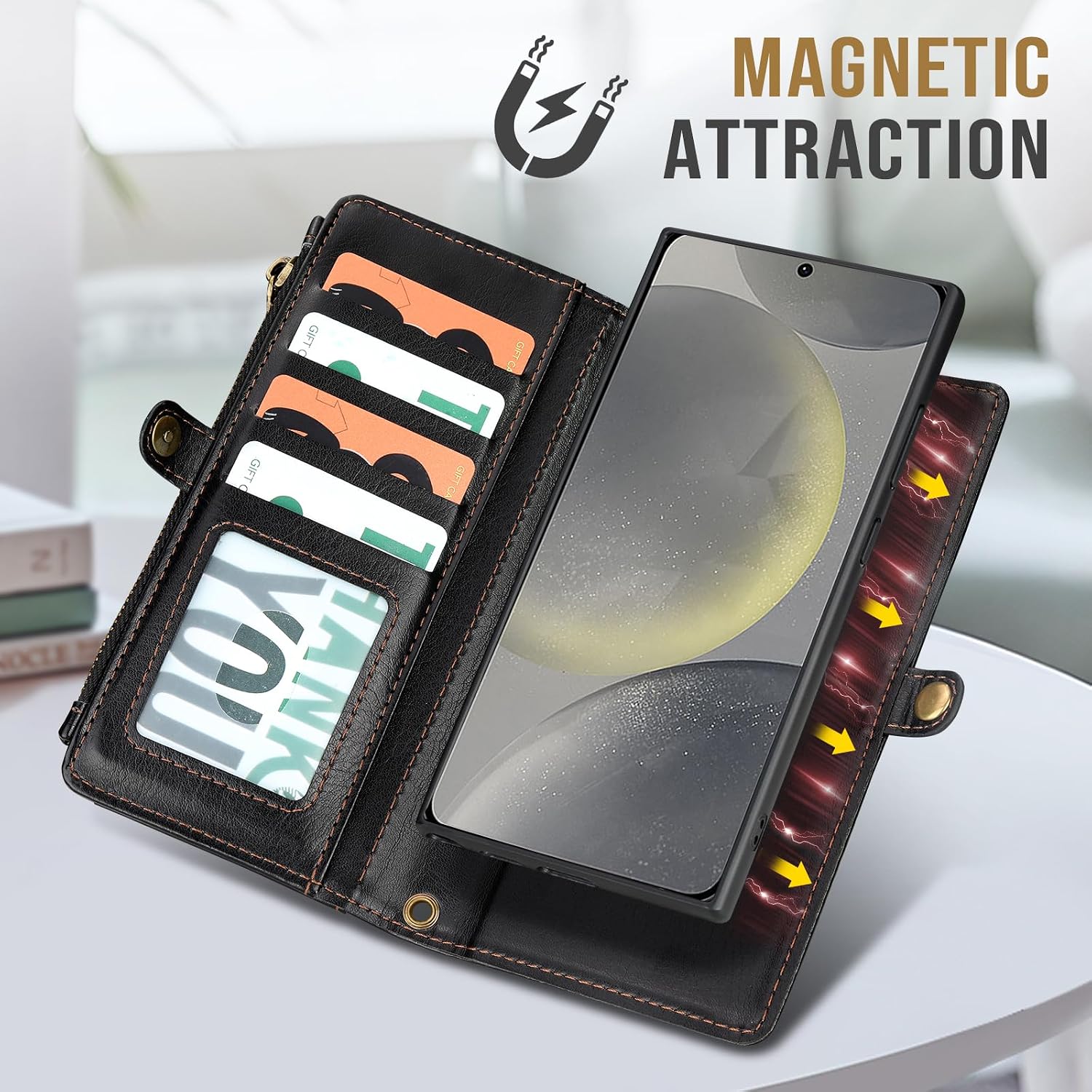 Phone Case for Samsung Galaxy S26 5G Wallet Magnetic Detachable Cell Cover with Tempered Glass Screen Protector Wrist Strap Flip Zipper Purse Card Holder S 26 26S G5 SM-S942U Women Girls Black