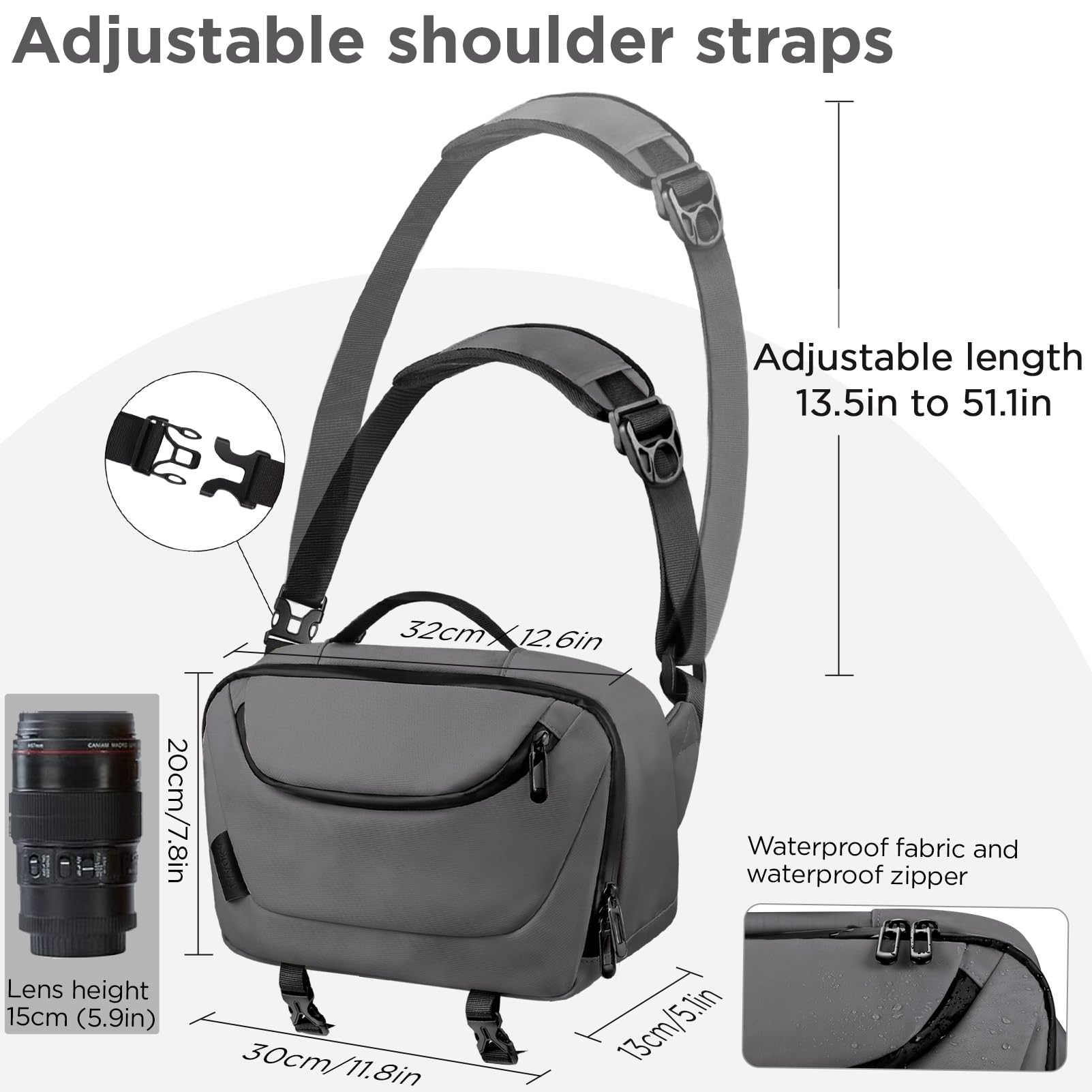 TAAOKA Sac à bandoulière étanche pour appareil photo avec support pour trépied, DSLR/SLR/Mirrorless Petit sac à bandoulière pour photographes (gris)