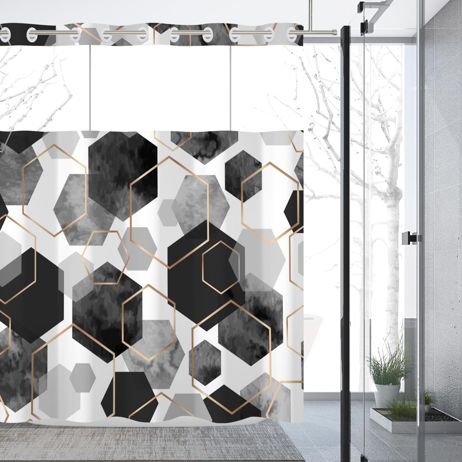 deFouliao Grey Shower Curtain with Snap in Liner No Hook Geometric Grid Modern Bathroom Curtain with See Through Mesh Top Window, Fabric Waterproof Inner Liner, 71x74 Inches