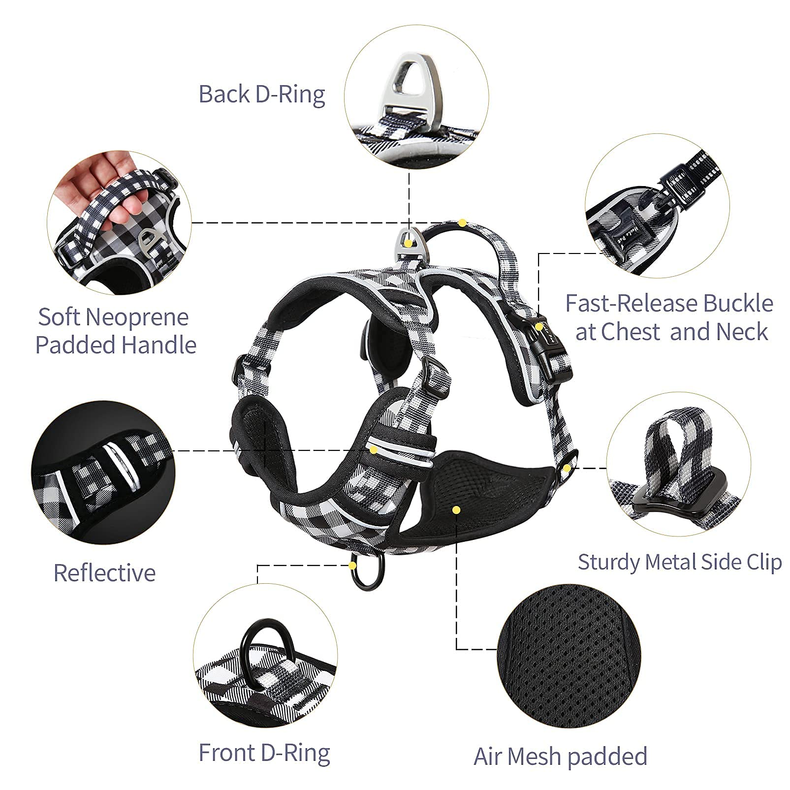 HEELE Pettorina Cane Taglia Media Riflettente Pettorina Addestramento Cani Anti Tiro con 2 Ganci in Metallo + Comodo Maniglia, Gilet per Cani Regolabile per Camminare, Plaid Nero-Bianco, M