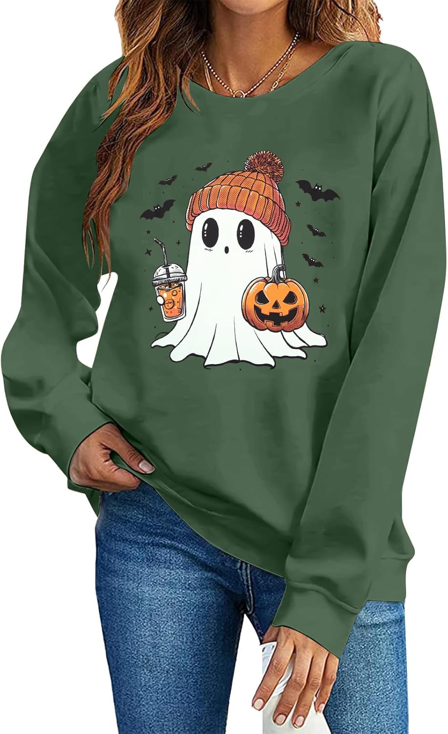 ASTANFY Halloween Sweatshirts for Women Ghost Pumpkin Long Sleeve Shirt Coffee Lover Graphic Tees Fall Spooky Pullover Tops