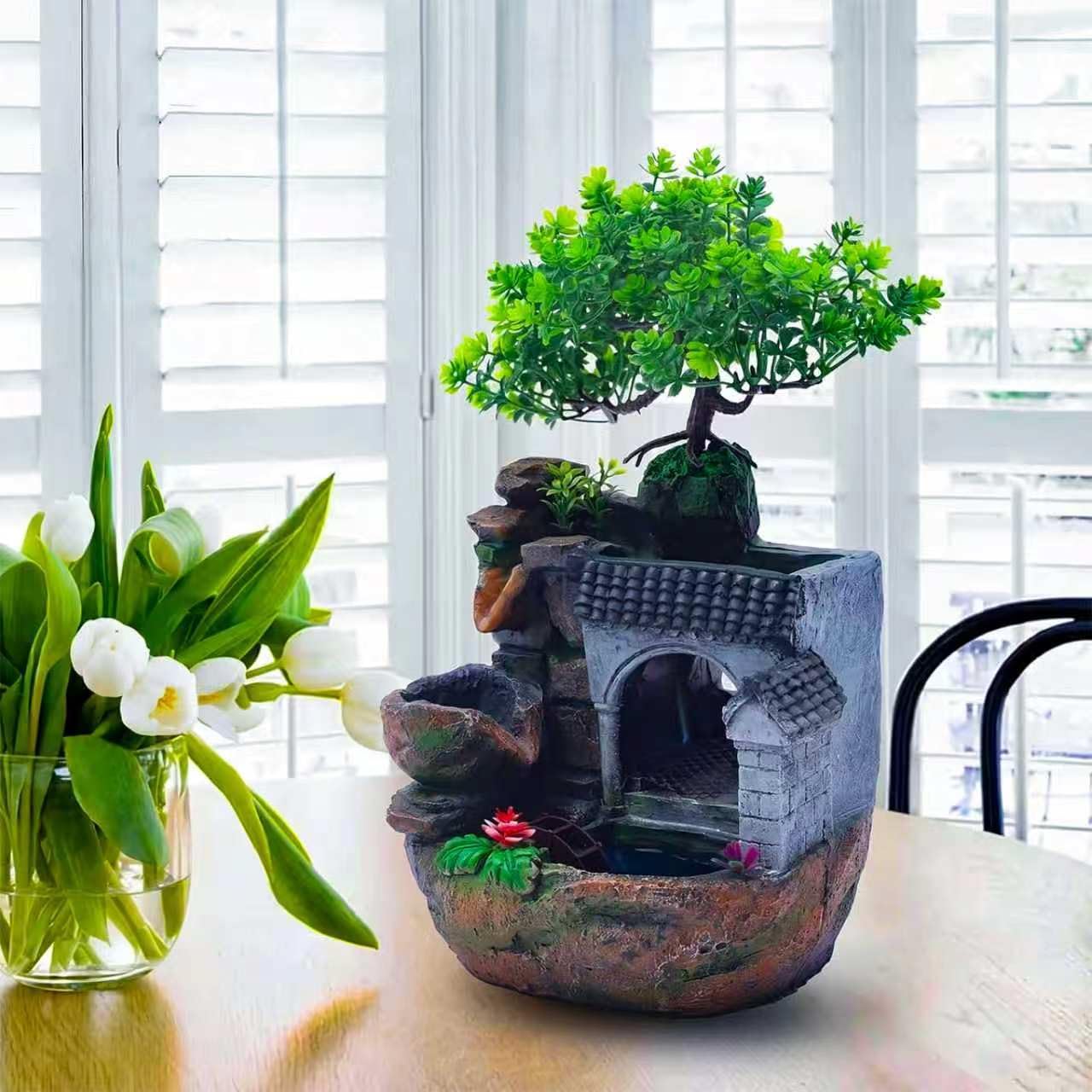 Indoor Water Fountain Tabletop with Rain Curtain Waterfall, Spinning Waterwheel & Color Changing LED, Mini Resin Bonsai Desktop Fountain for Bedroom, Office, Home Décor & Relaxation
