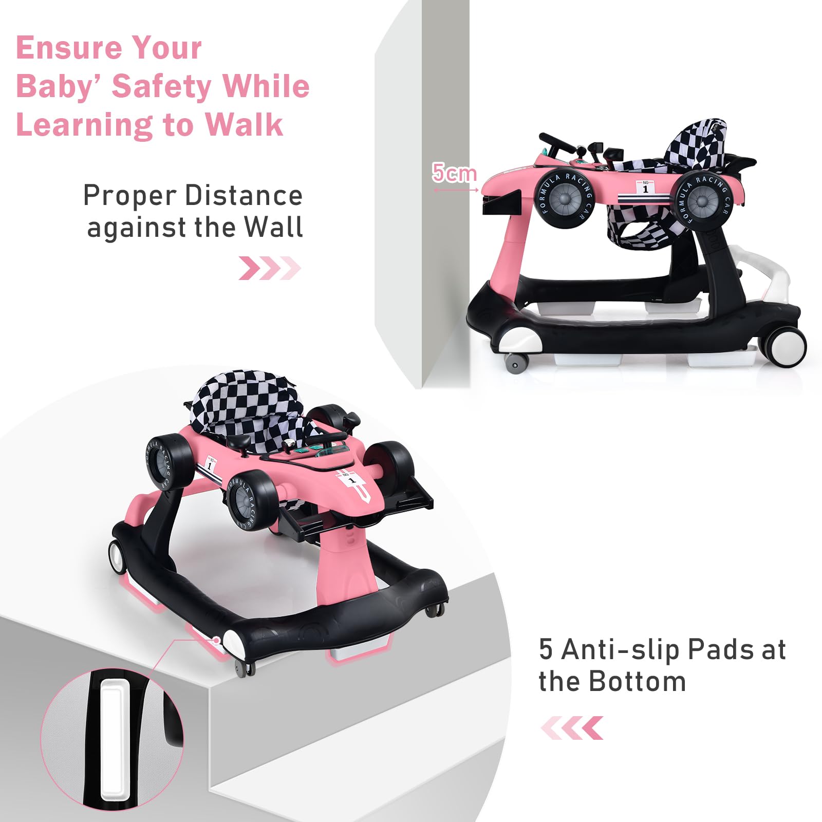 LIFEZEAL Girello Neonato 6-18 Mesi, 4 in 1, Girello per Bambini 6-18 Mesi, Baby Walker Pieghevole, con Altezza e Velocità di Ruote Regolabili, Primi Passi, con Luce e Musica, Portata 15 kg, Rosa