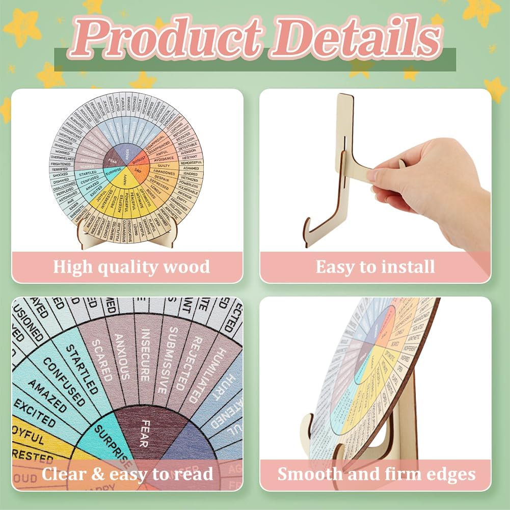 HONUTIGE Feelings Wheel Double Sided Mental Health Emotions Chart, Wooden Mood Wheel Display Plat with Stand Office Decor Therapist Gift for Kid School Counsels Social Worker Women Men - Image 3