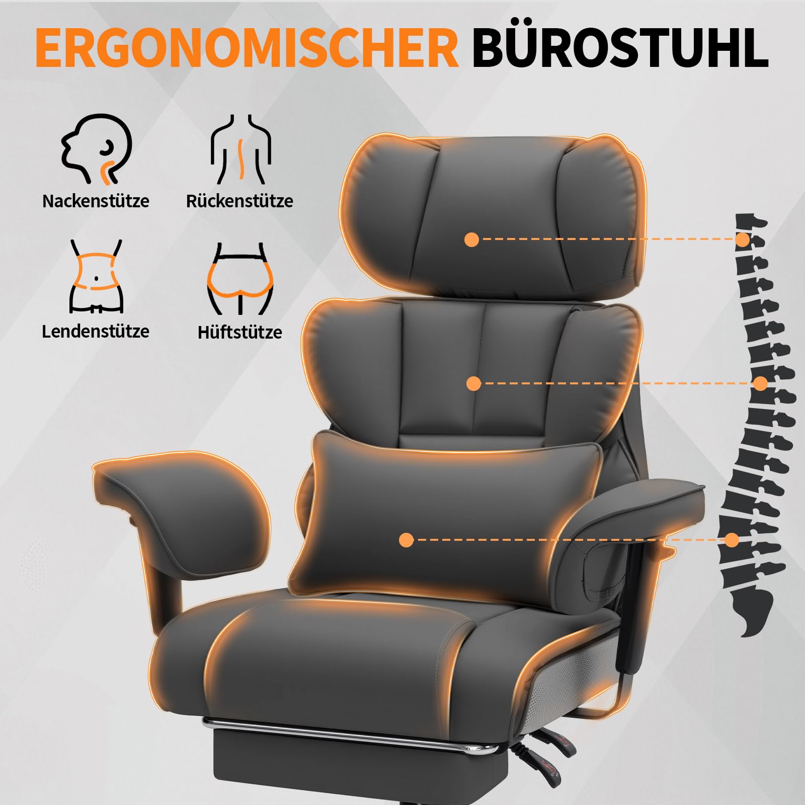 HOFFREE Ergonomischer Bürostuhl mit Fußstütze für Büro(Hellgrau) | PU Leder Chefsessel mit 155°Liegefunktion,Verstellbare Armlehnen und Kopfstütze,Gaming Stuhl 200kg für Schlafzimmer