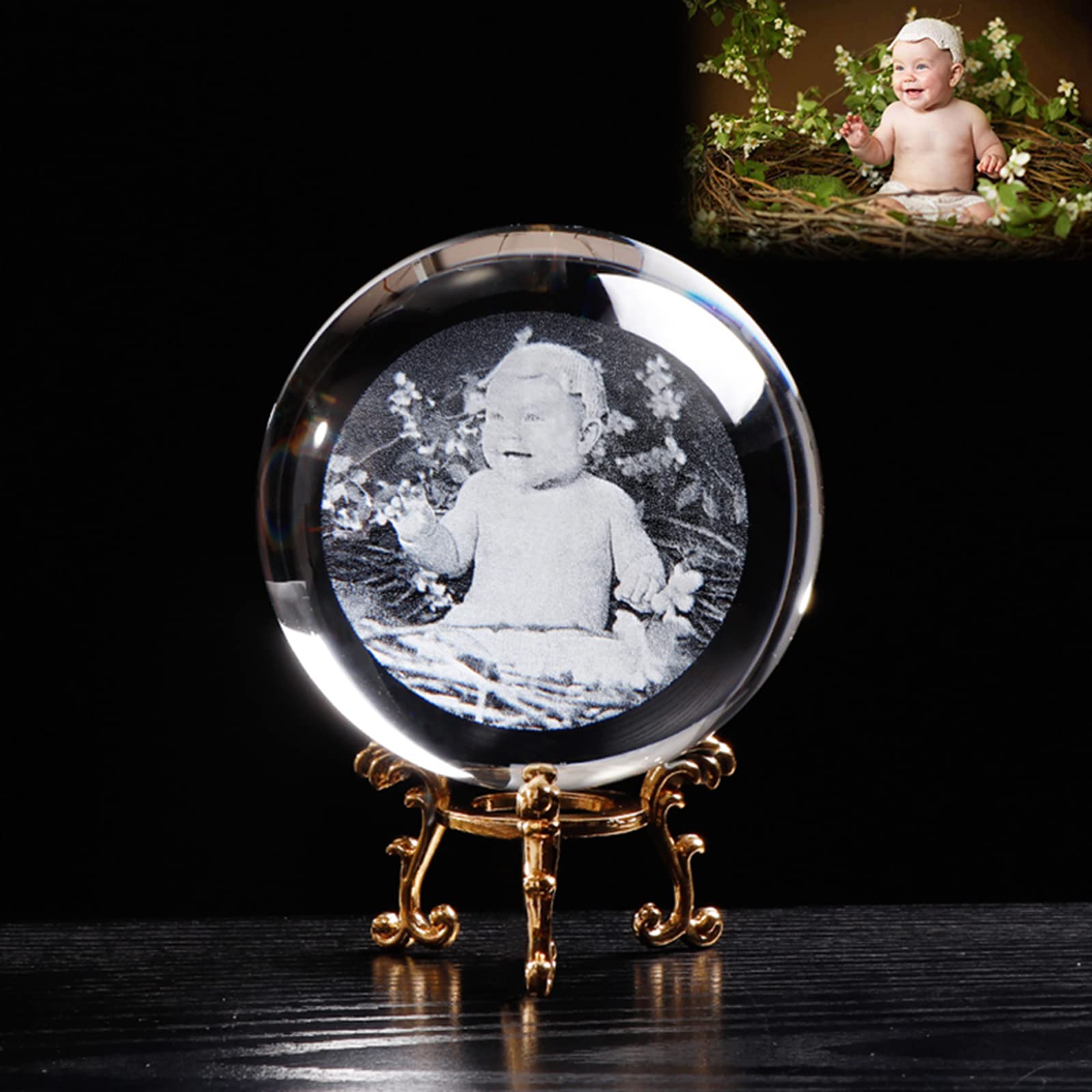 Esfera de cristal para fotos de bebé ideal para decorar el salón con recuerdos familiares