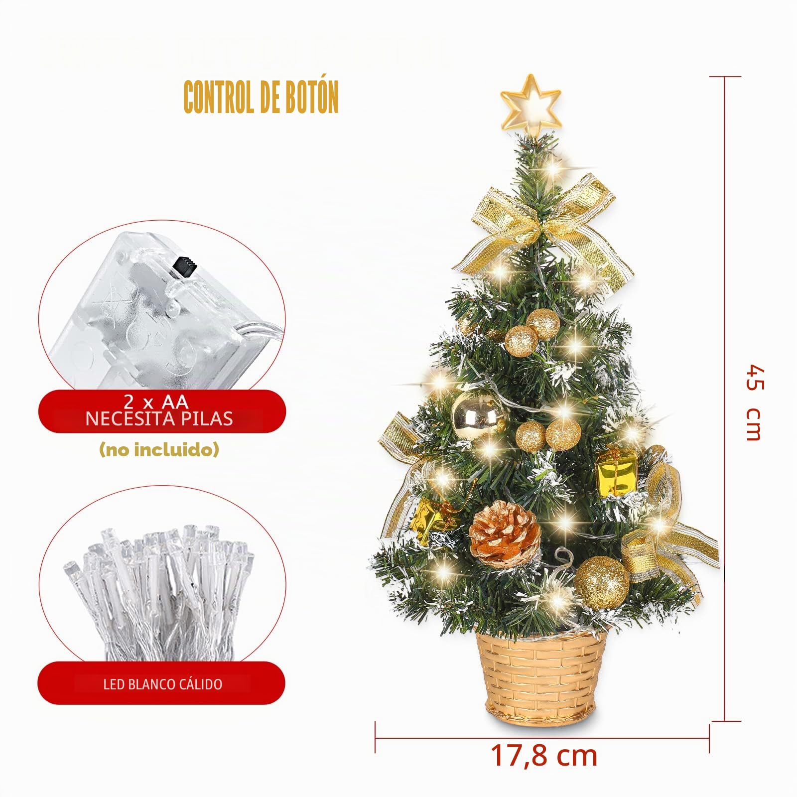 Árbol de Navidad pequeño Mrinb con Luces, Mini árbol de decoración de Escritorio para el hogar, Oficina, Bar de Compras, Dorado, Dorado