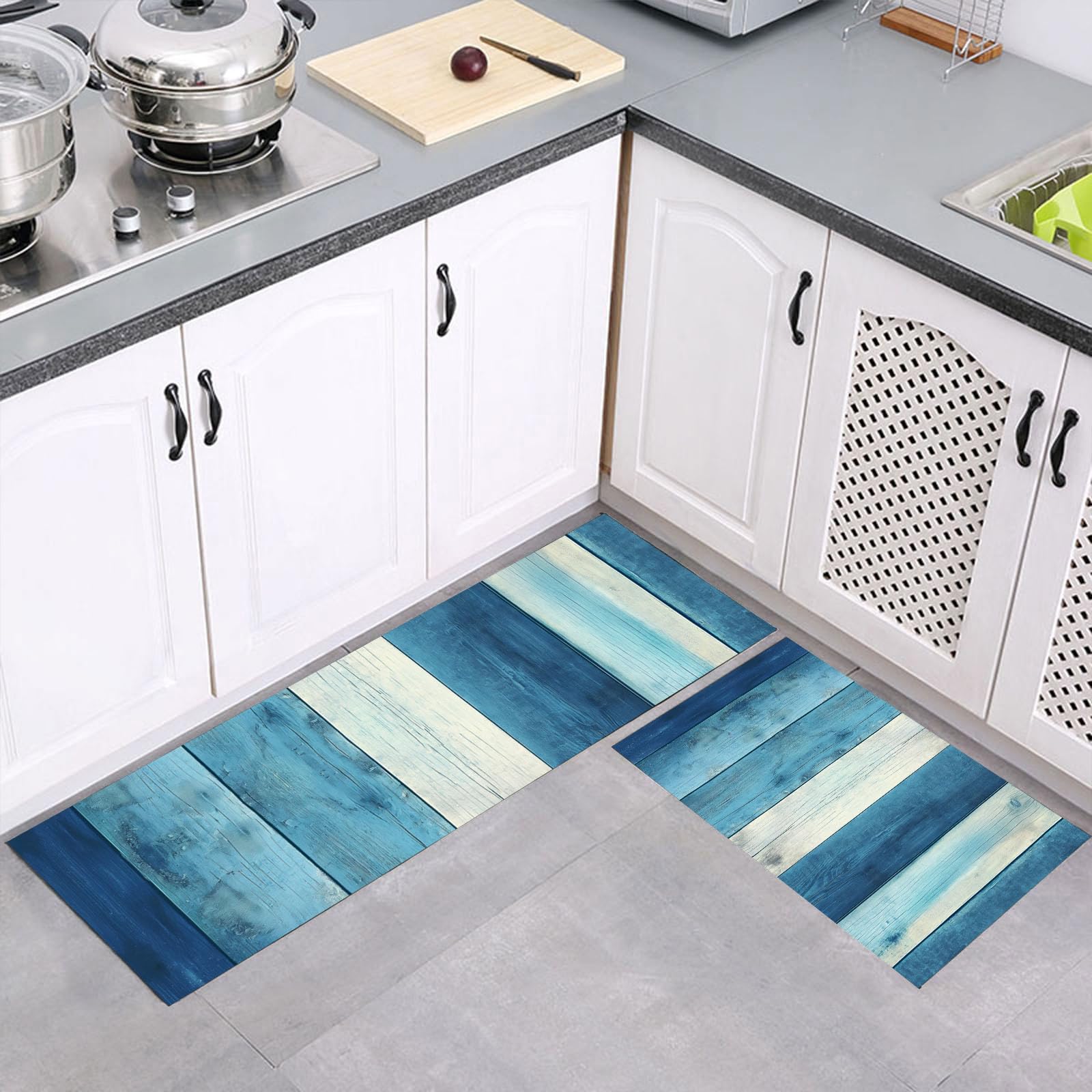 Alfombras de cocina antifatiga que transforman tu espacio con su diseño rústico azul lavable