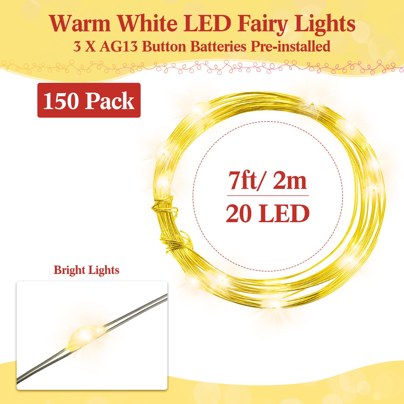 Lot de 150 guirlandes lumineuses à piles, 3 modes de vitesse, 2 m, 20 LED, guirlande lumineuse étanche, pour décoration de vases de mariage, cadeau d'anniversaire (blanc chaud)