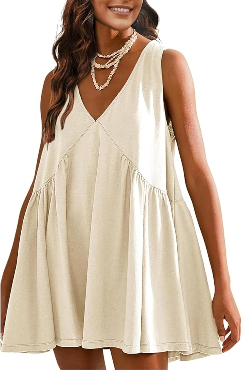 OPCAKM Women's V Neck Sleeveless Mini Dress Loose Summer Pleated Swing Flowy Sundress