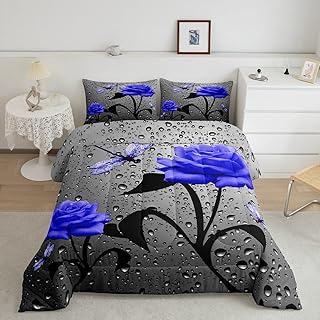 Erosebridal Dragonfly QueenÂ ComforterÂ Set Blue Rose Bedding Set Dragonfly Decor,Floral Rustic Flowers Quilt Dragon Fly Gifts for Mom,Aesthetic Animal Farmhouse Decor Dragonfly Gifts for Women